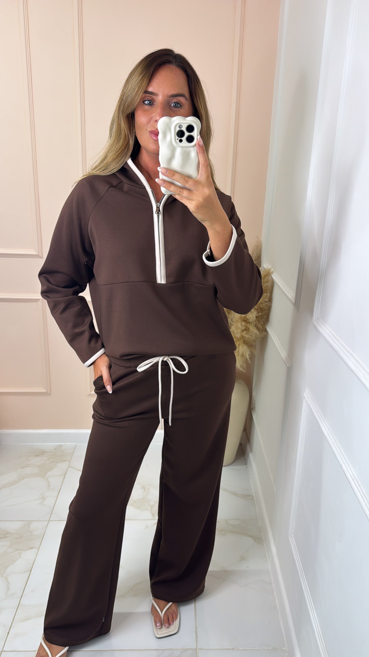HOLLIE brown hooded half zip contrast lounge set