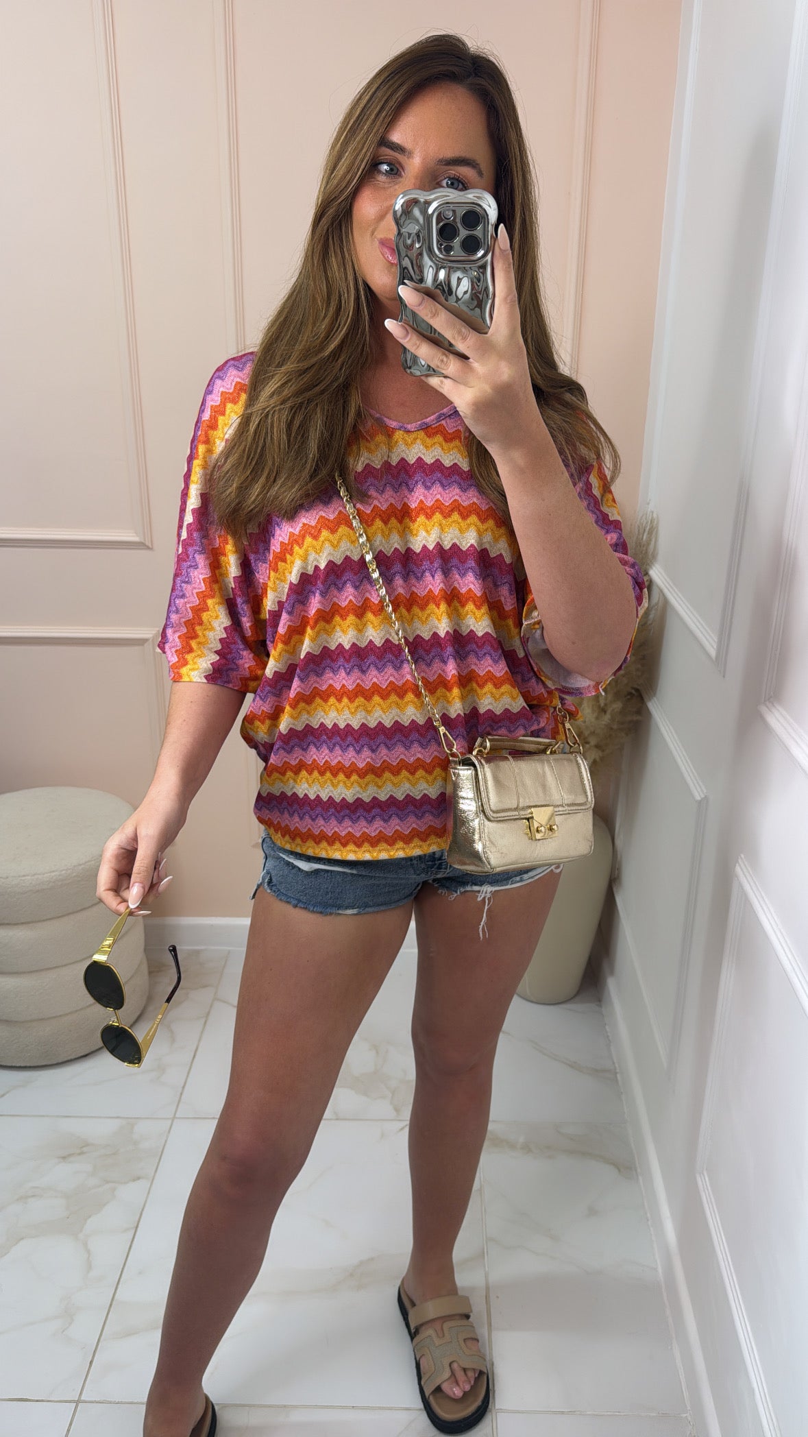 LOTTIE pink zig zag shimmer bow detail top