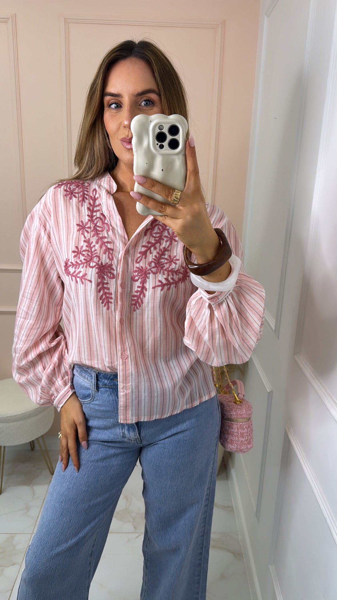 MAEVE pink embroidered stripe blouse
