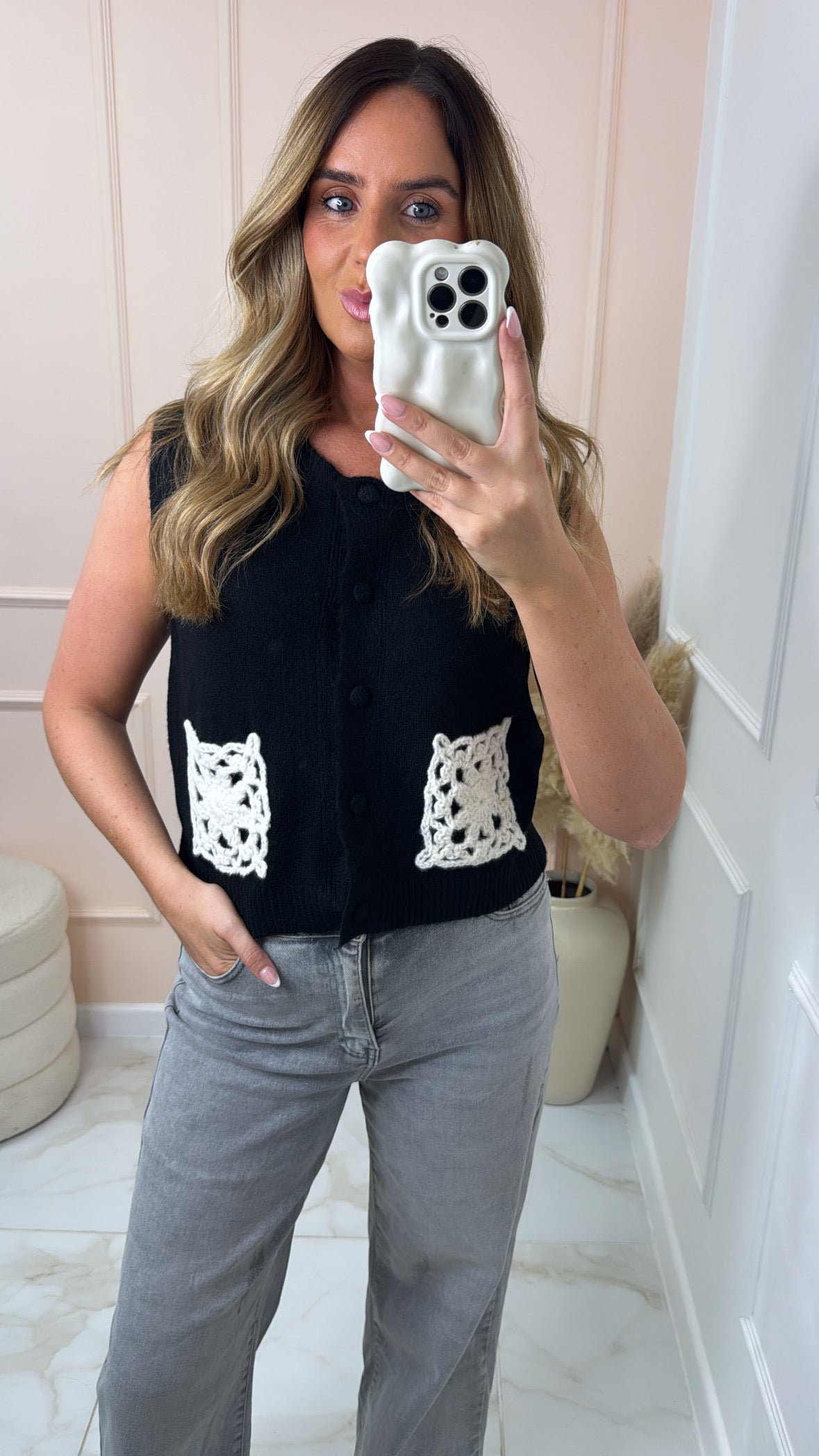 LAUREN black crochet pocket knit tank top