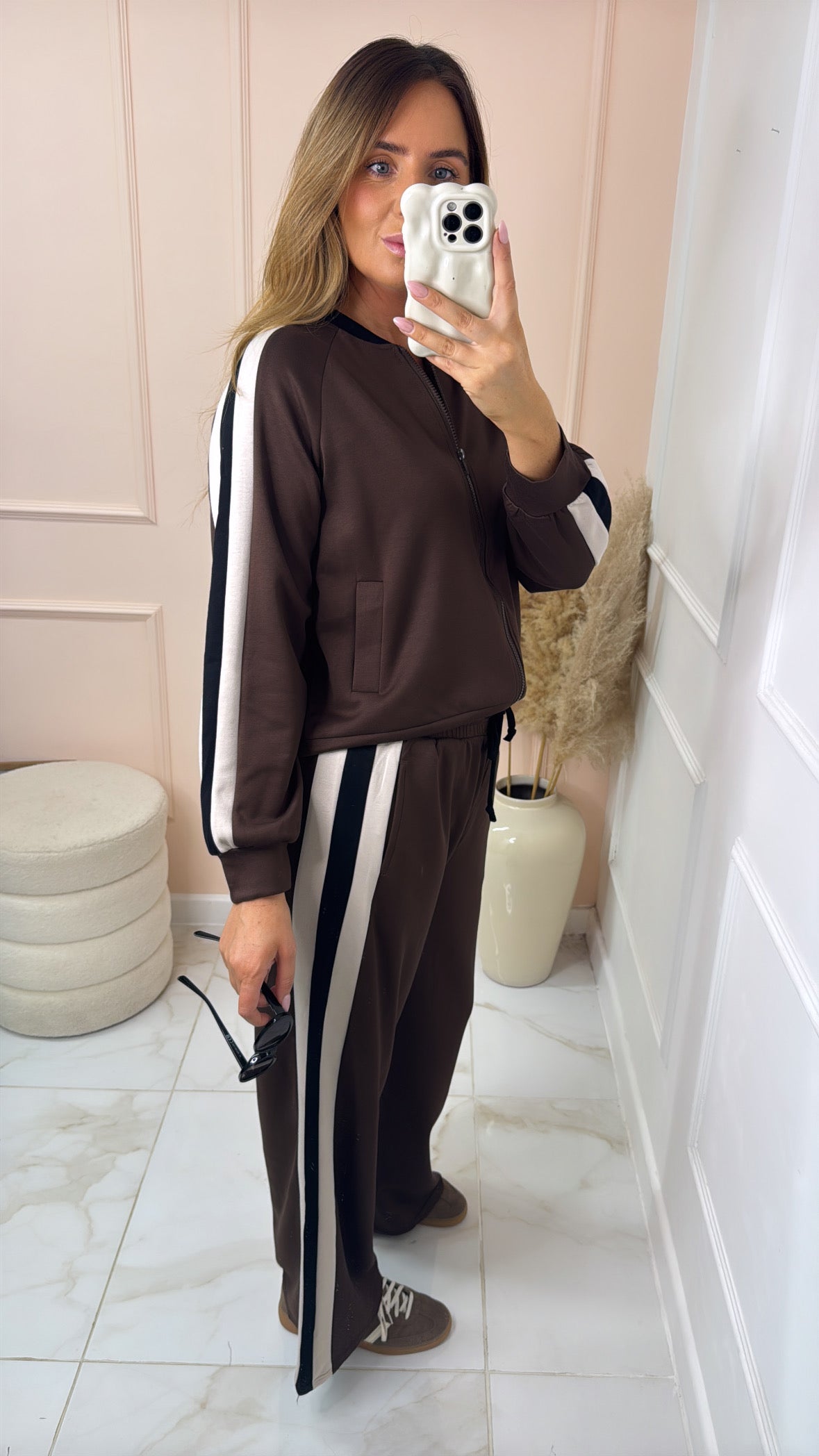 GIANA brown side stripe bomber lounge set