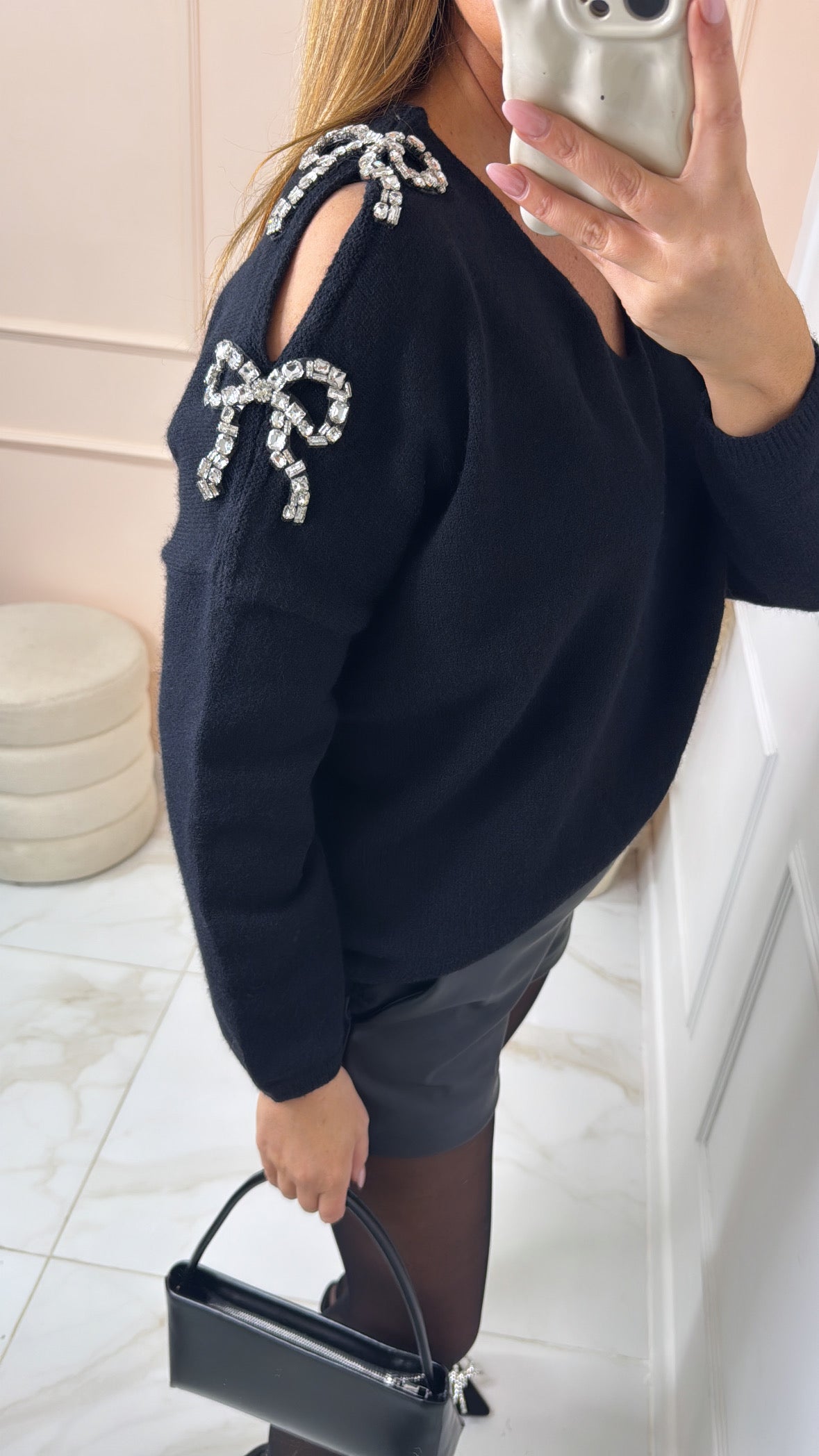 ISLA black diamante bow detail jumper