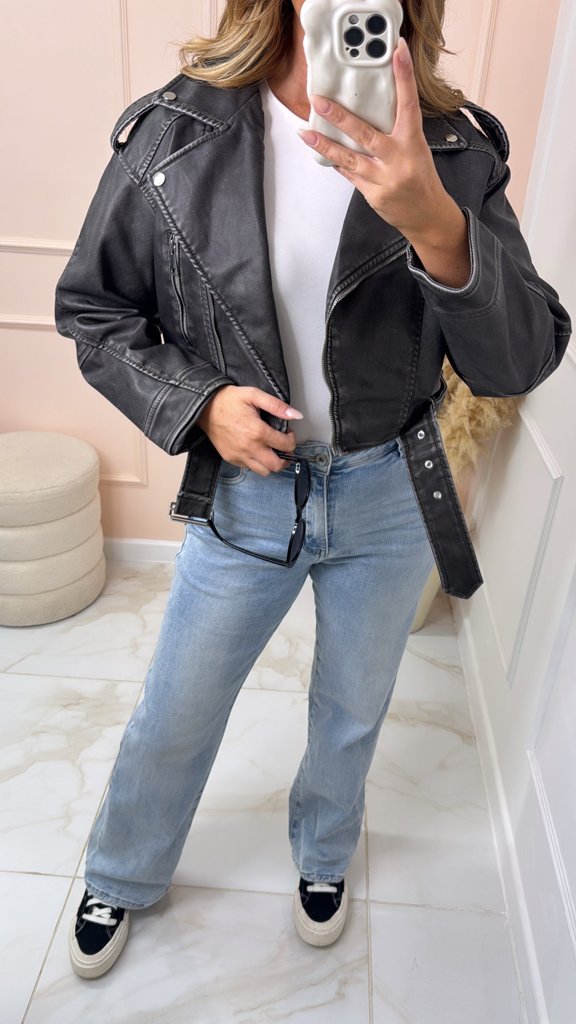 UNA charcoal faux leather cropped biker jacket