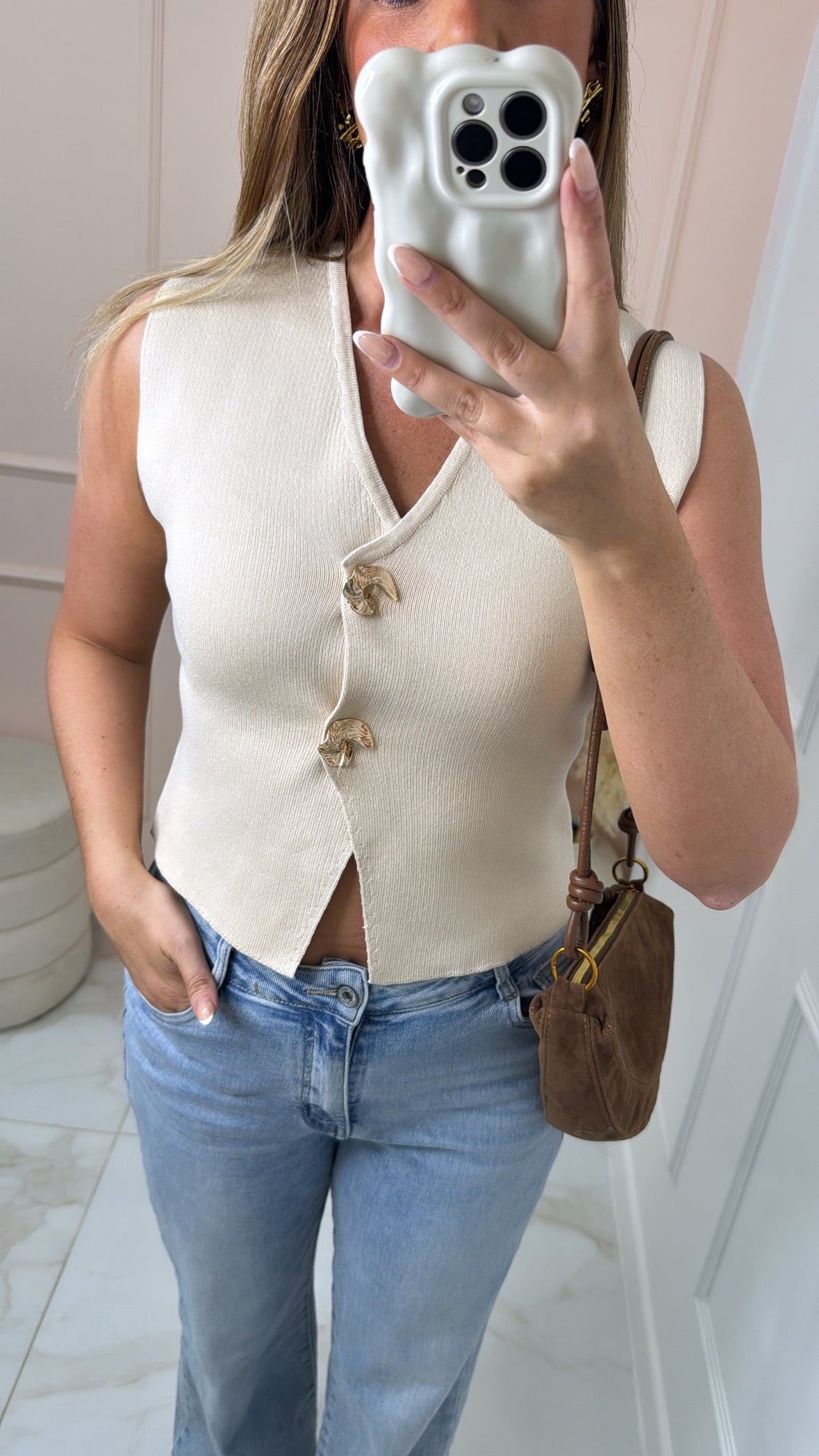 LILLIE beige fine knit button waistcoat