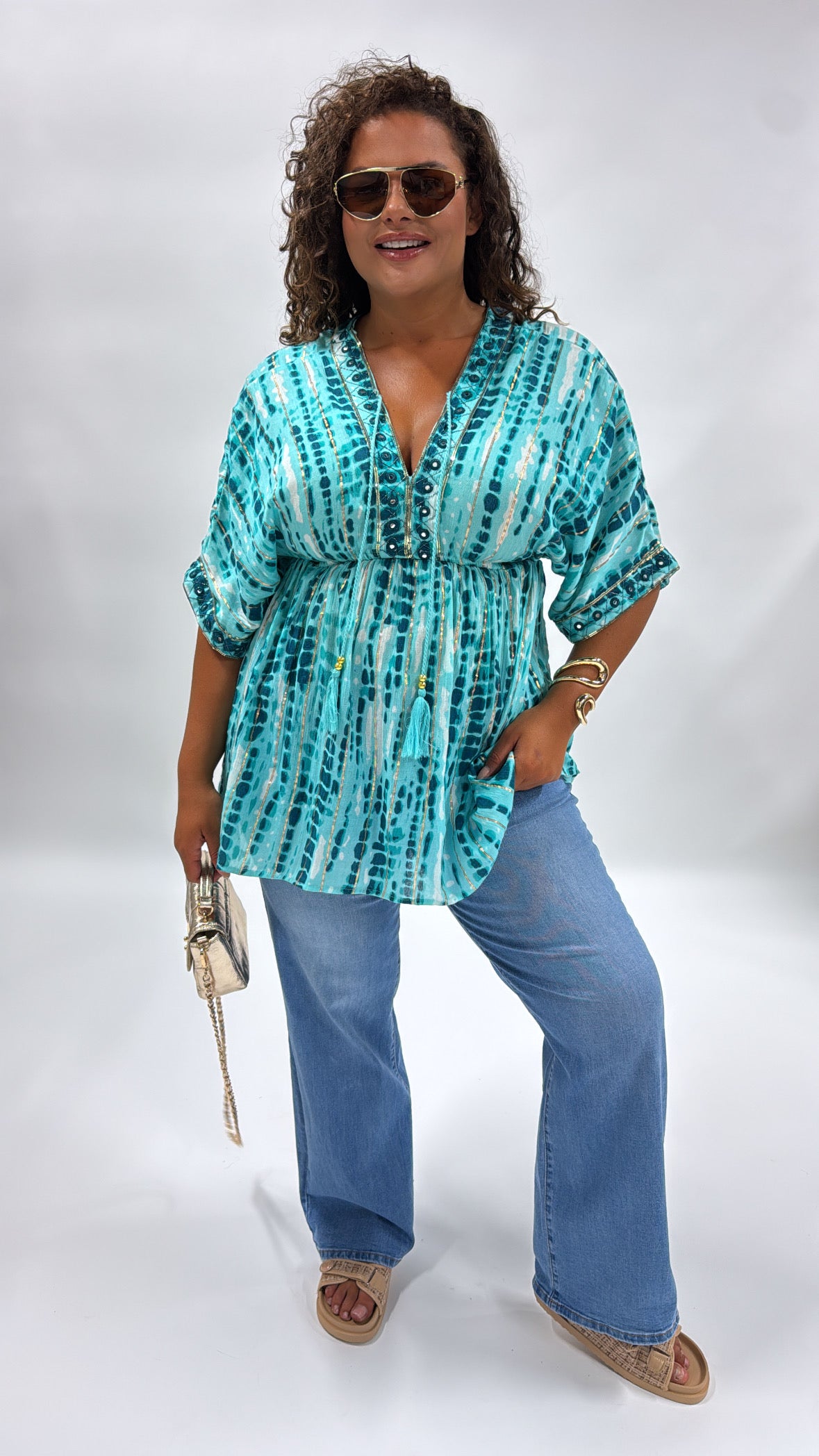 ALEXIS blue embellished smock top
