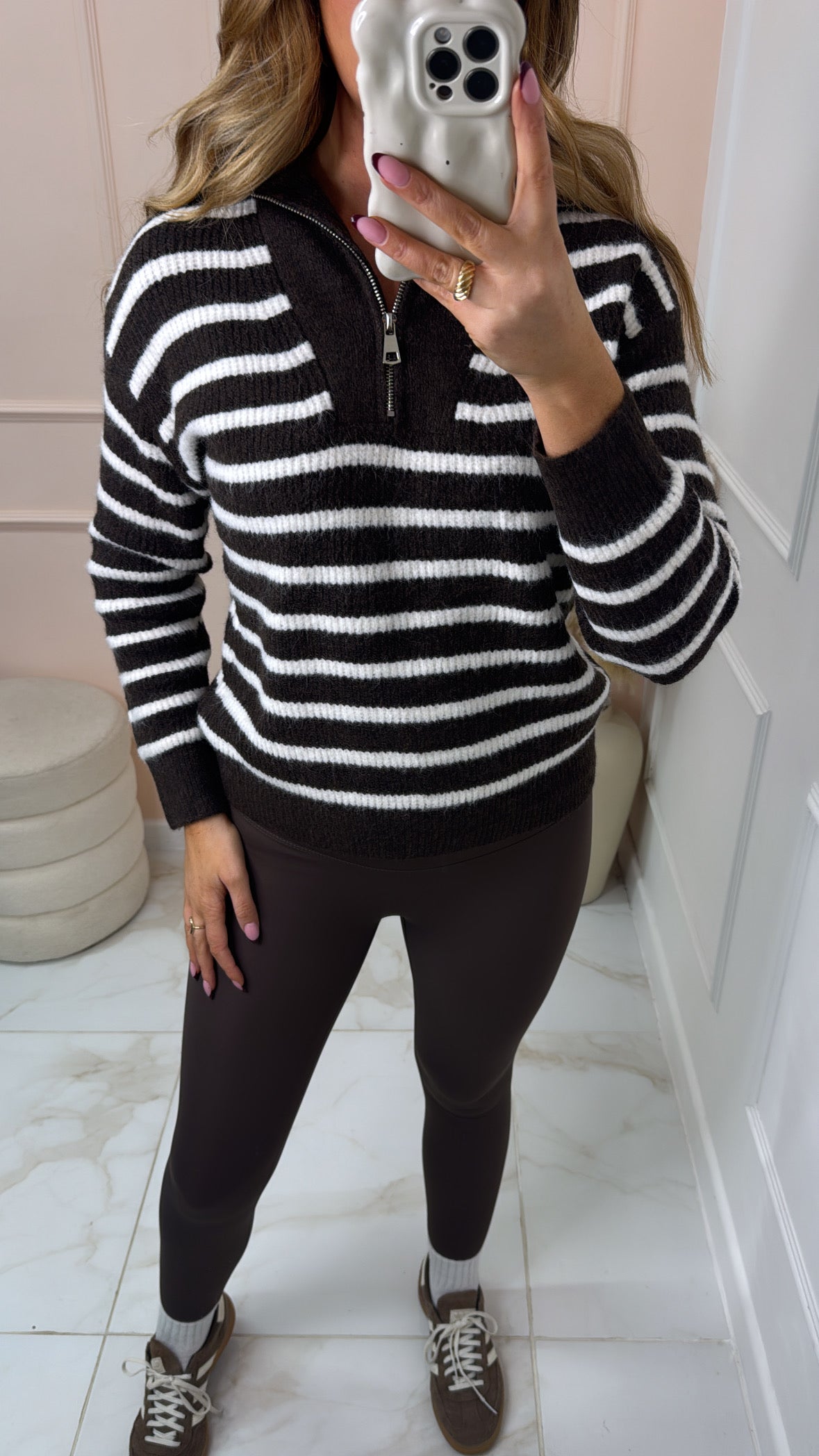 LULU brown stripe half zip knit sweater