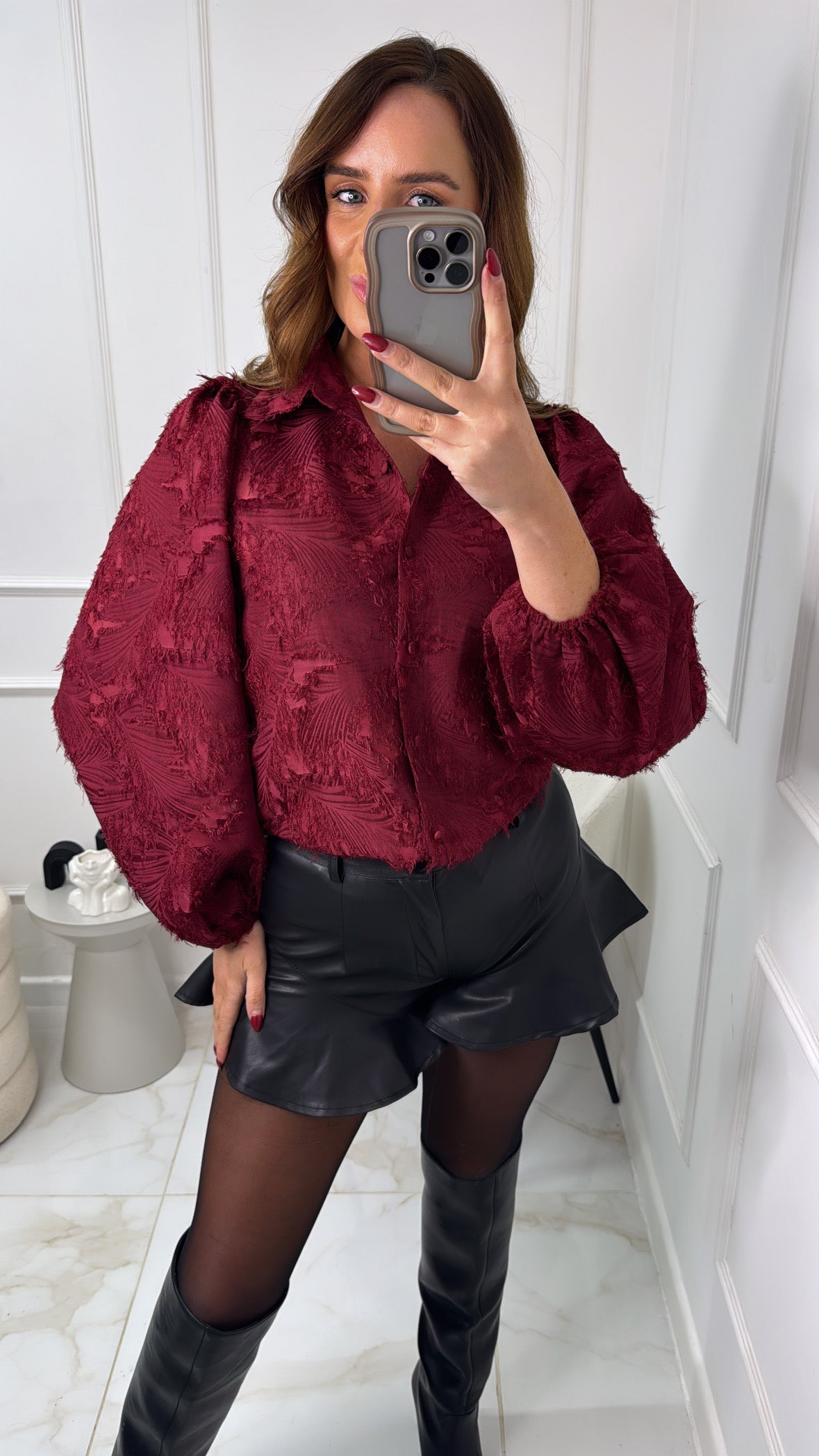 ABBIE burgundy textured balloon sleeve blouse