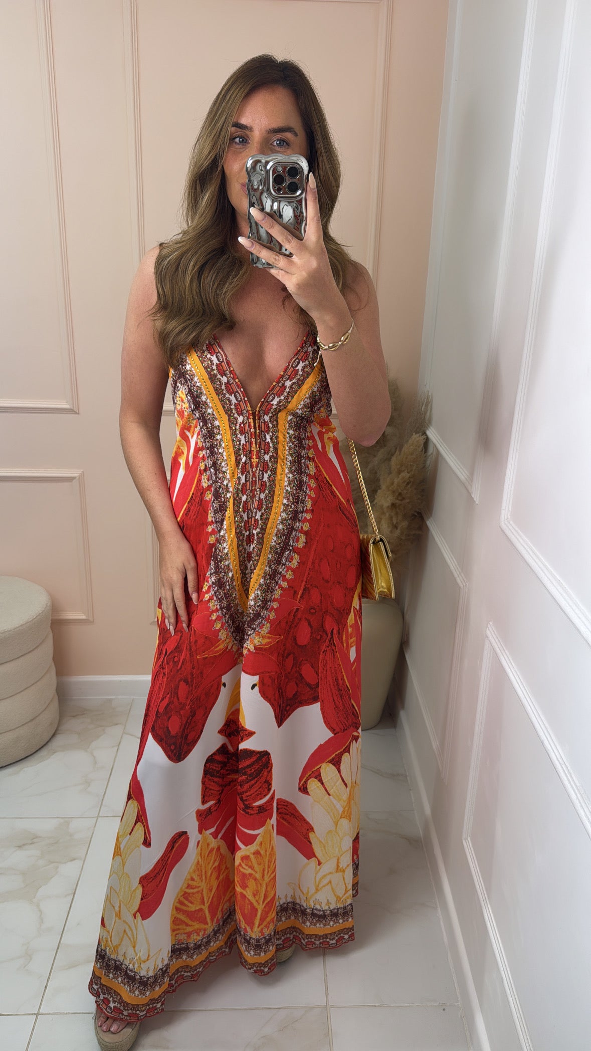 CHRISSIE red printed halter neck maxi dress