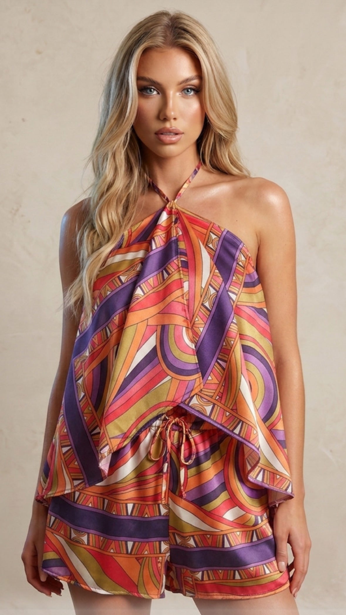 CIARA purple printed satin halter neck short set