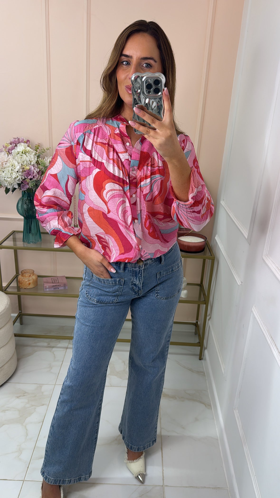 SADIE fuchsia printed puff sleeve blouse