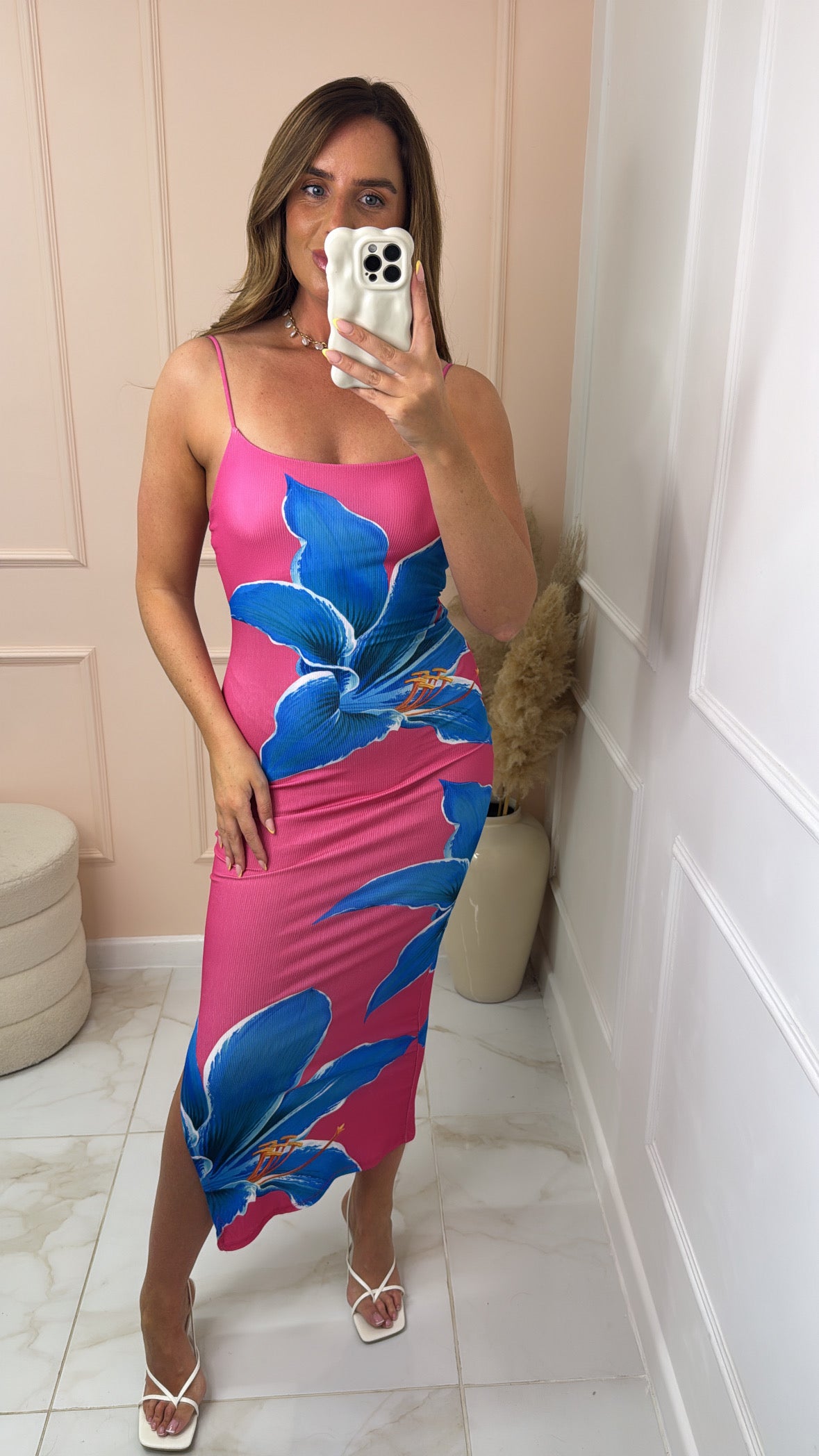 LILY pink strappy floral ribbed midi dress