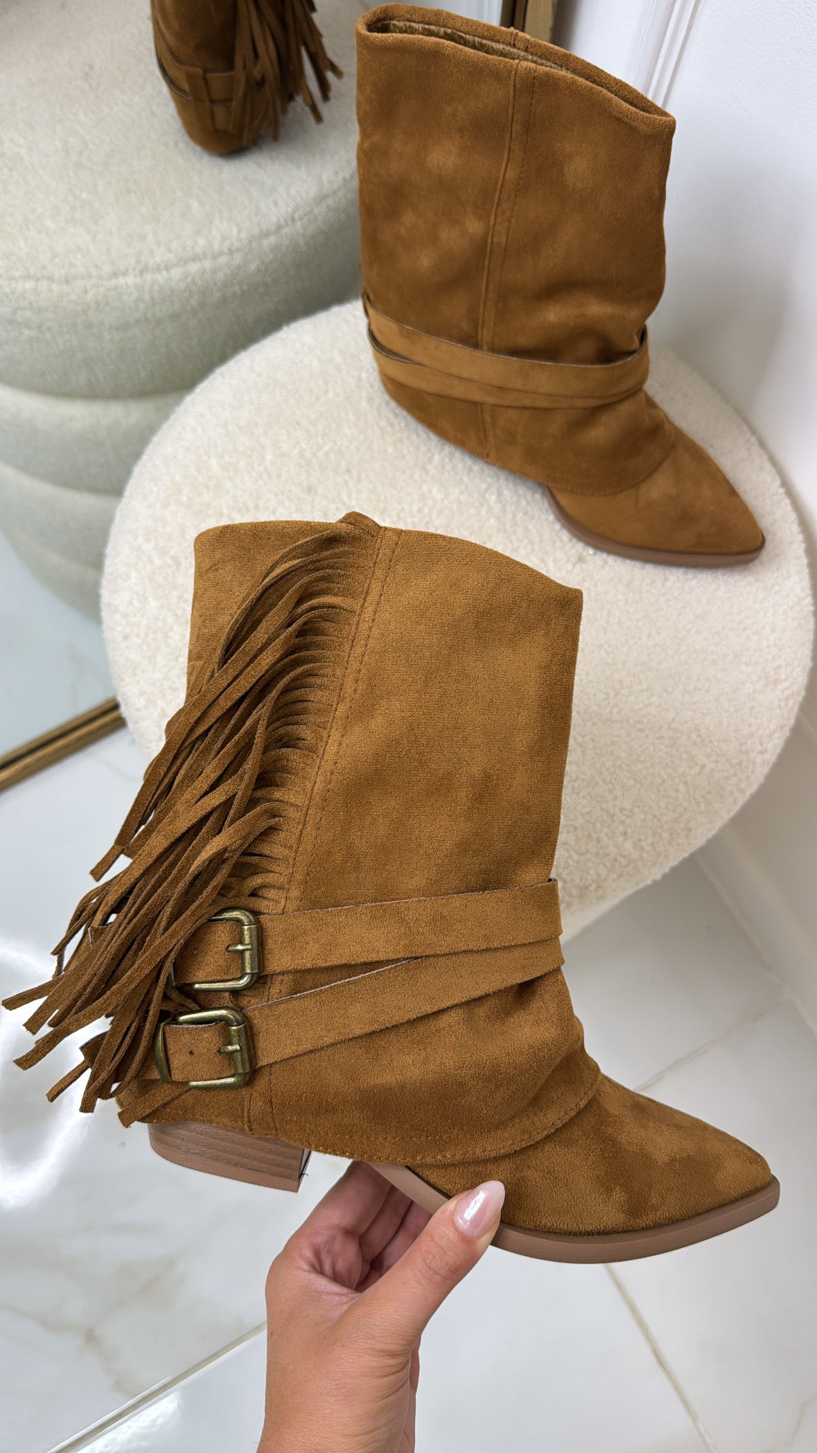 MATILDA camel suede tassel boots