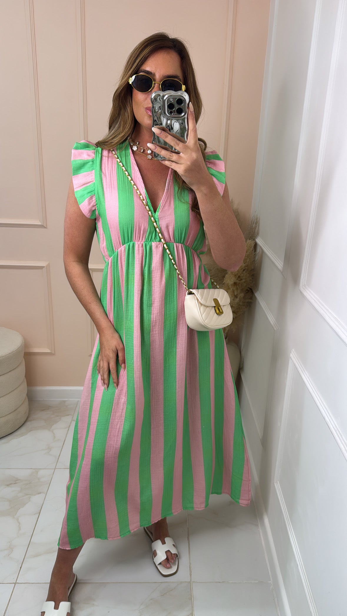MORGAN lime & pink stripe maxi dress