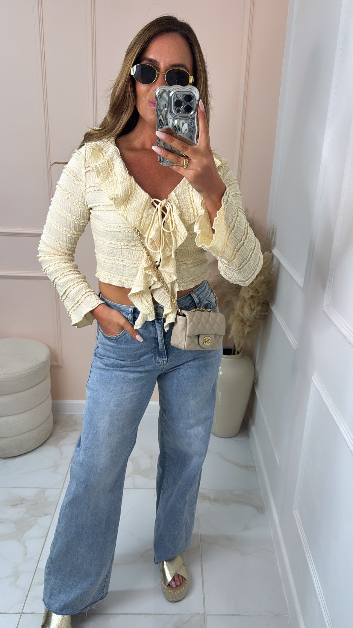LAUREN lemon textured ruffle top
