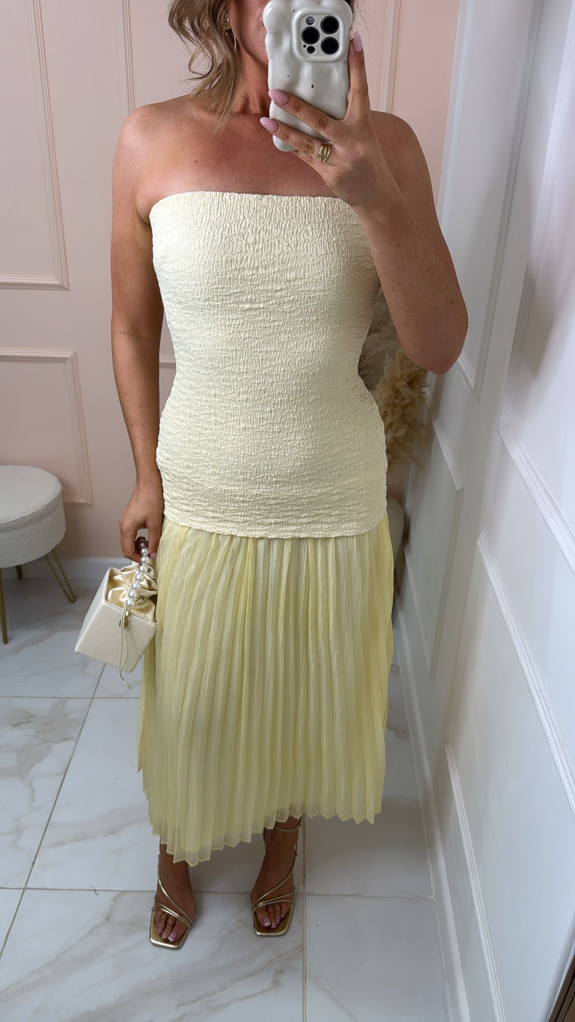FLORA lemon shirred bandeau maxi dress