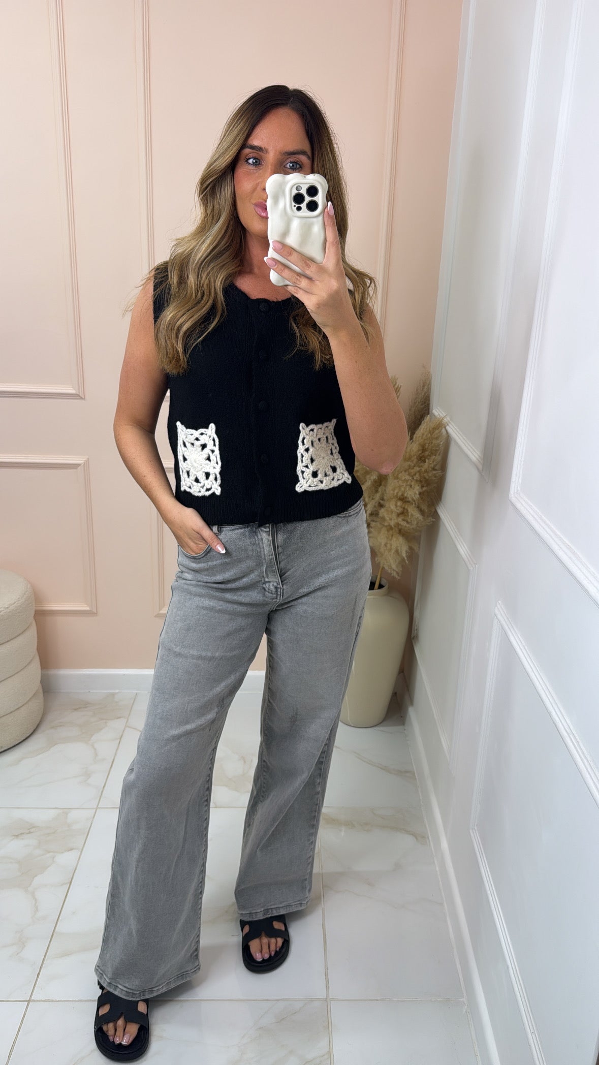LAUREN black crochet pocket knit tank top