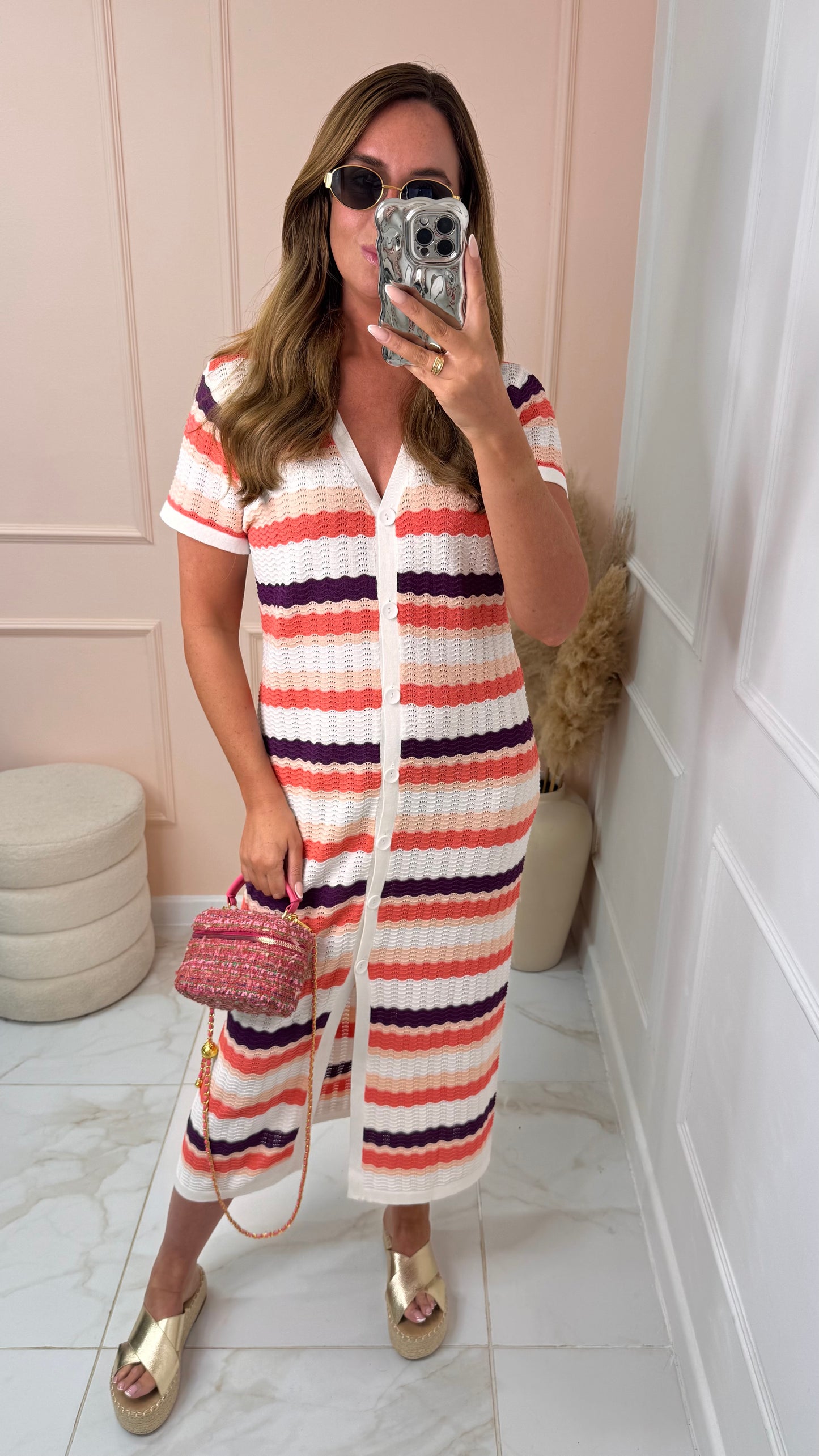 GEORGIE coral stripe knitted midi dress