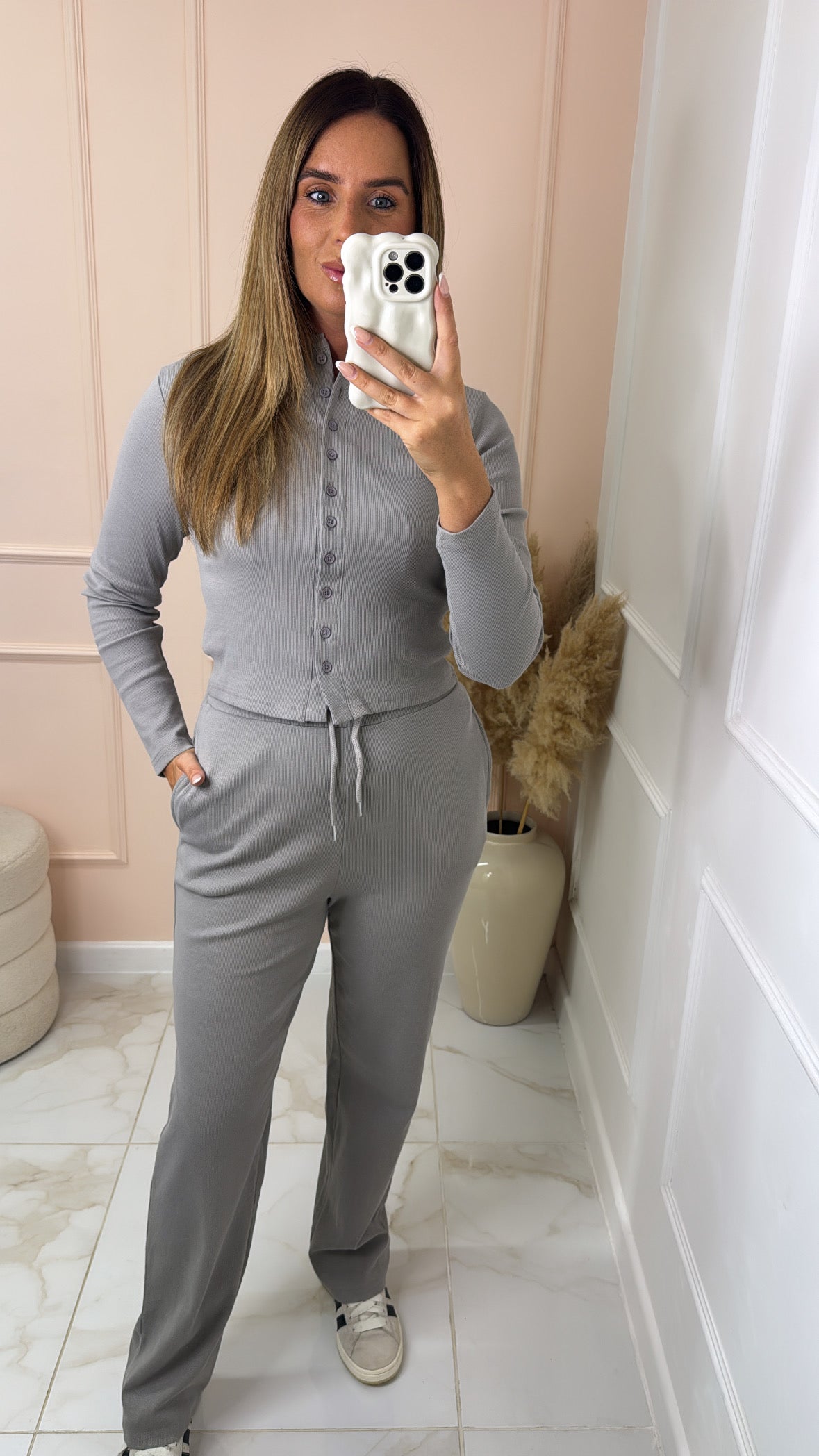 SHARNA dove grey ribbed button lounge set
