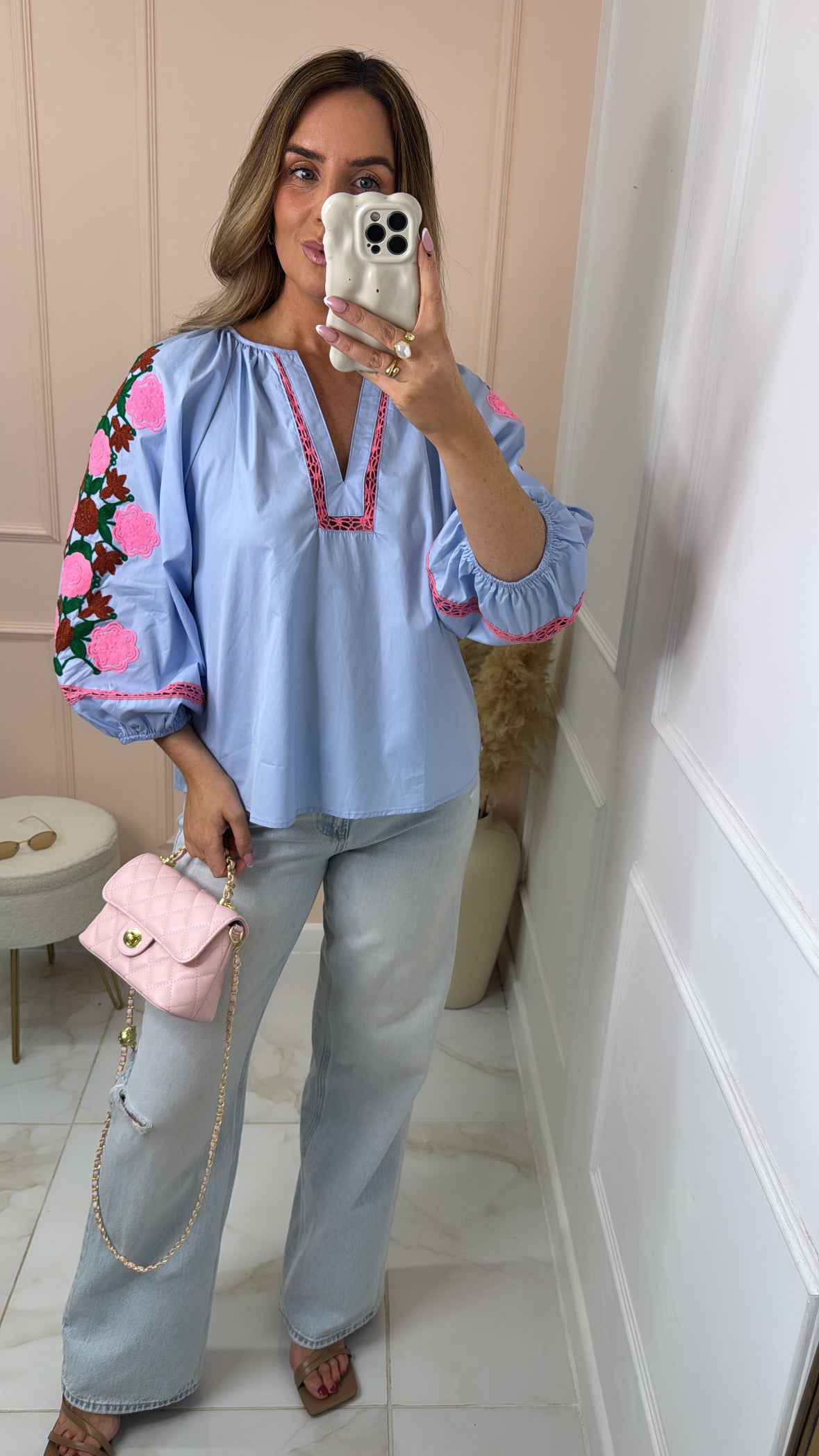 ERIN blue floral embroidered blouse