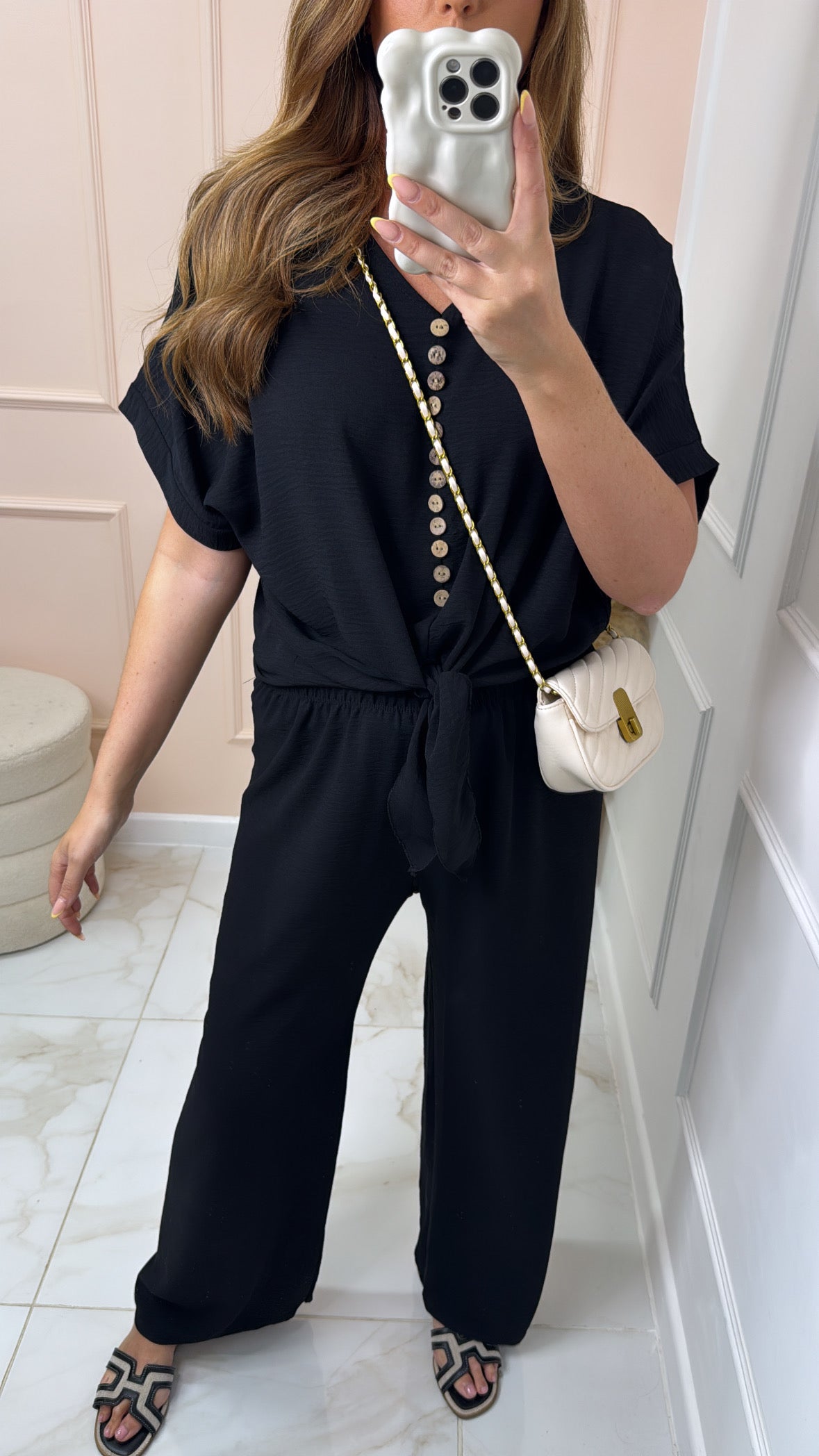 MAE black button tie front trouser set