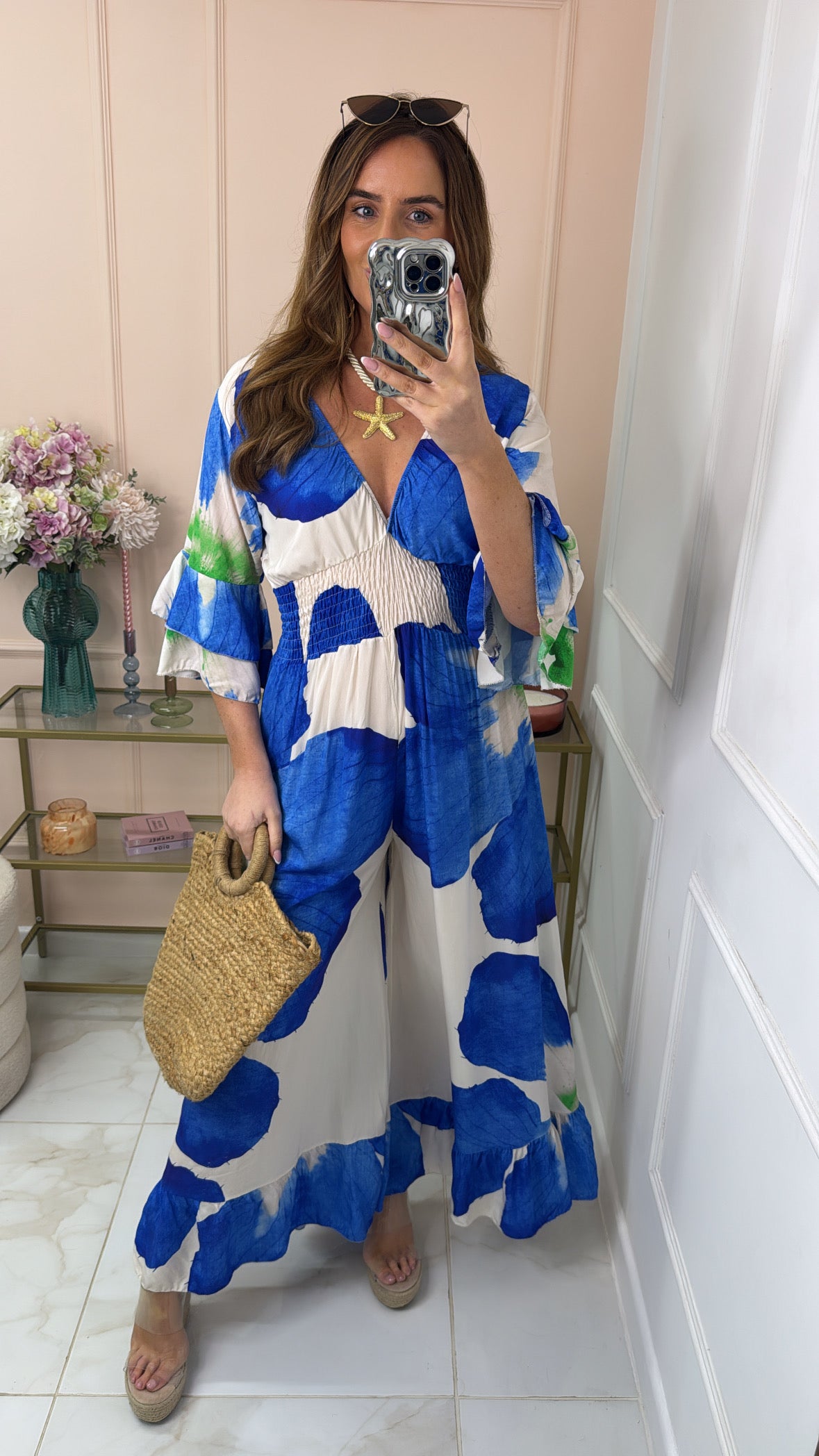 LACEY blue floral frill sleeve jumpsuit