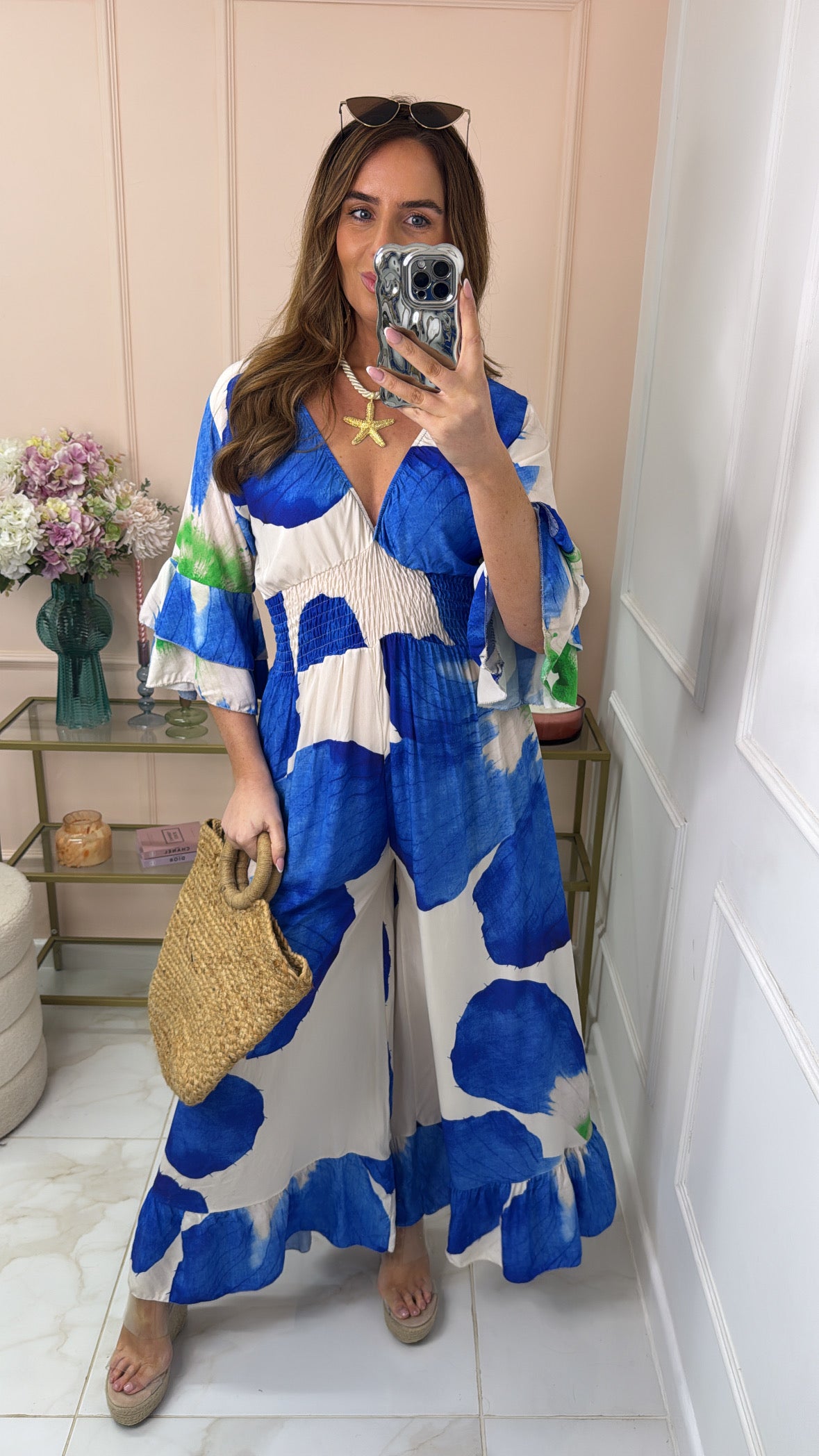 LACEY blue floral frill sleeve jumpsuit