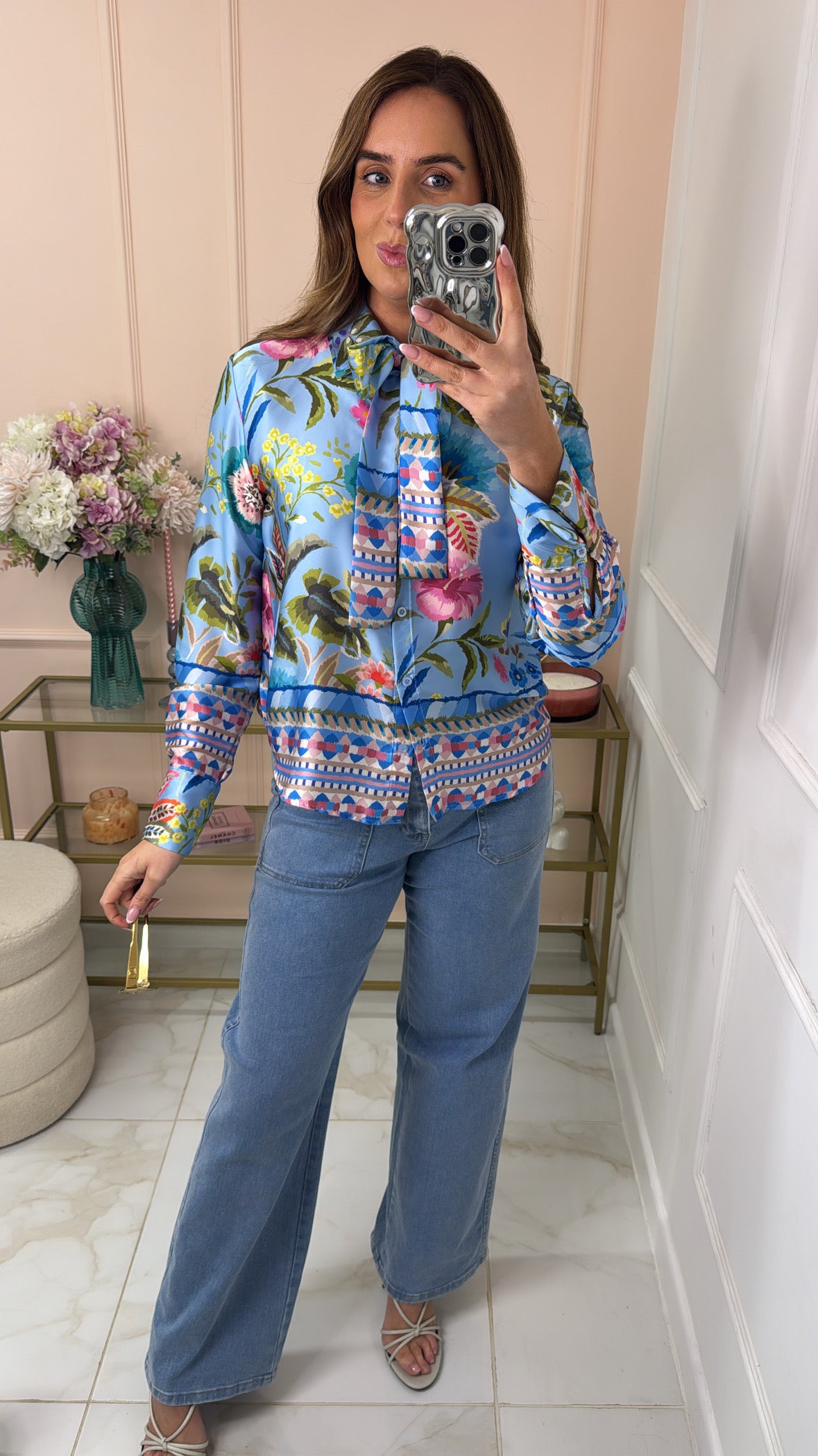 FLORENCE blue floral satin tie blouse