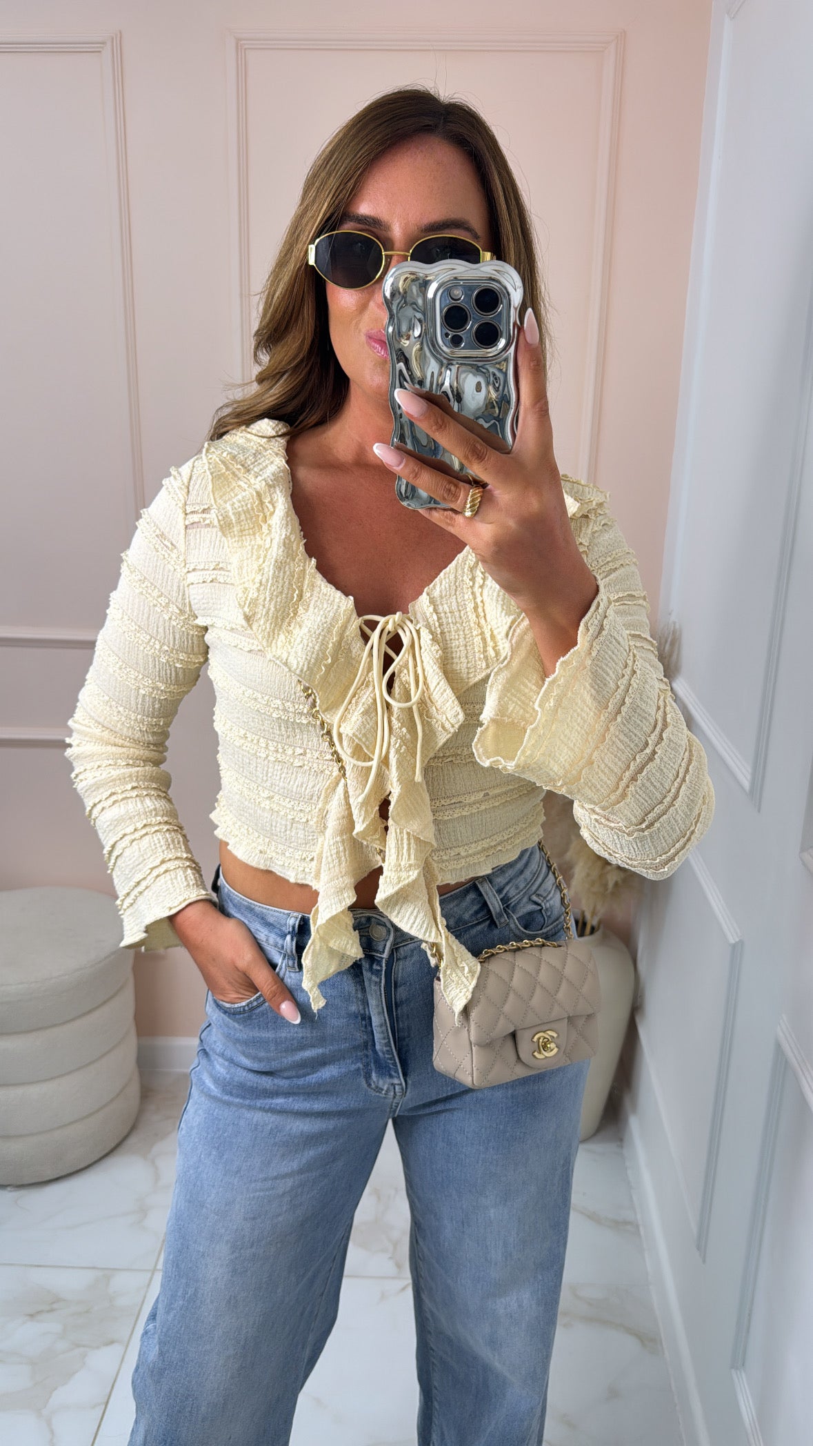 LAUREN lemon textured ruffle top