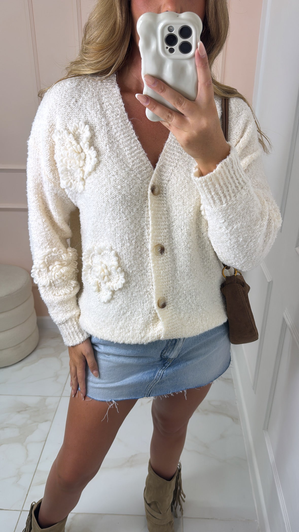 LIZZIE ivory soft knit flower cardigan