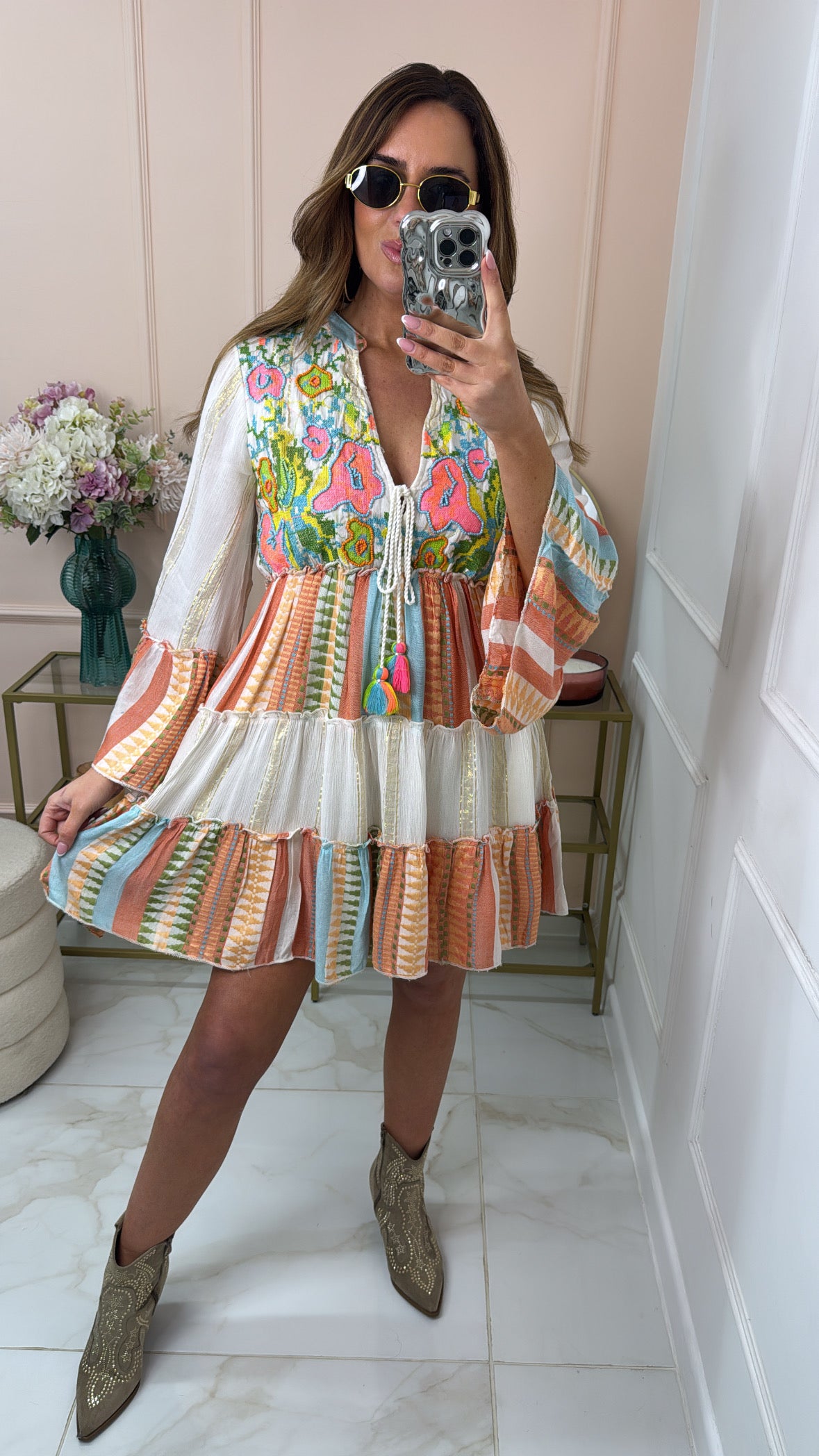 LAYLA multi embroidered tassel boho dress