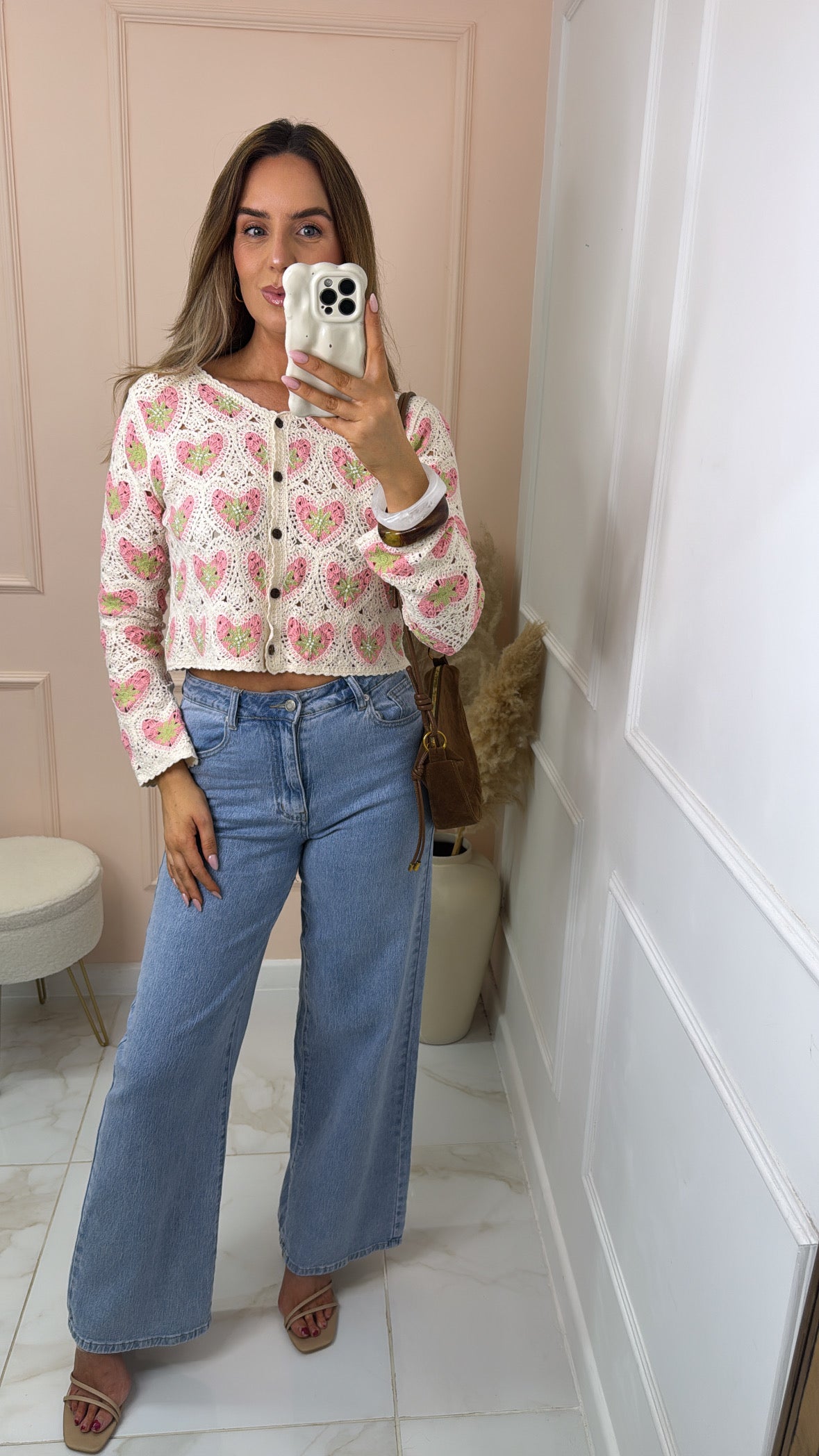 ADELE pink heart embellished crochet cardigan