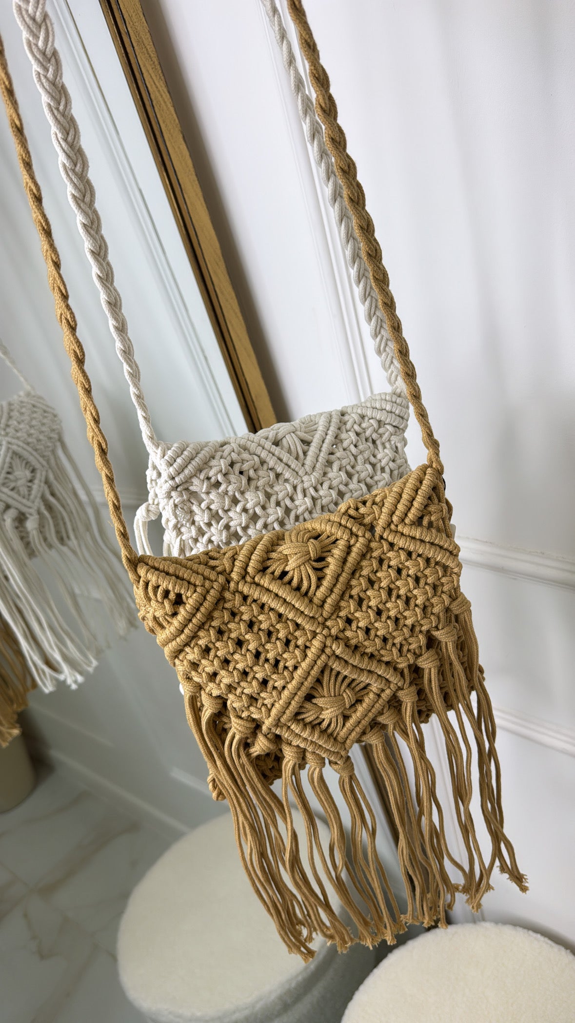 CALLIE tan crochet tassel bag