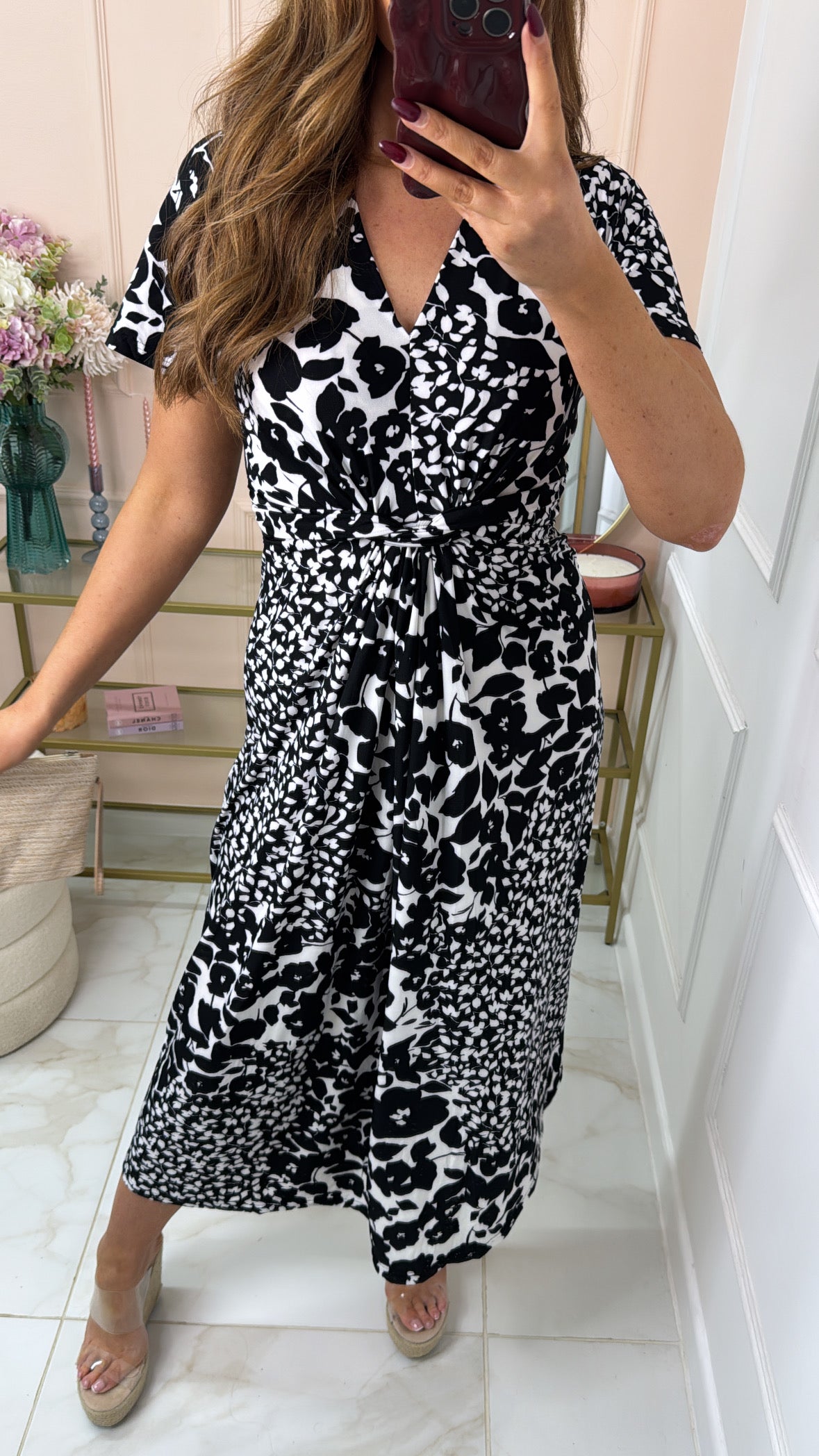 YAZMIN black floral twist waist midi dress