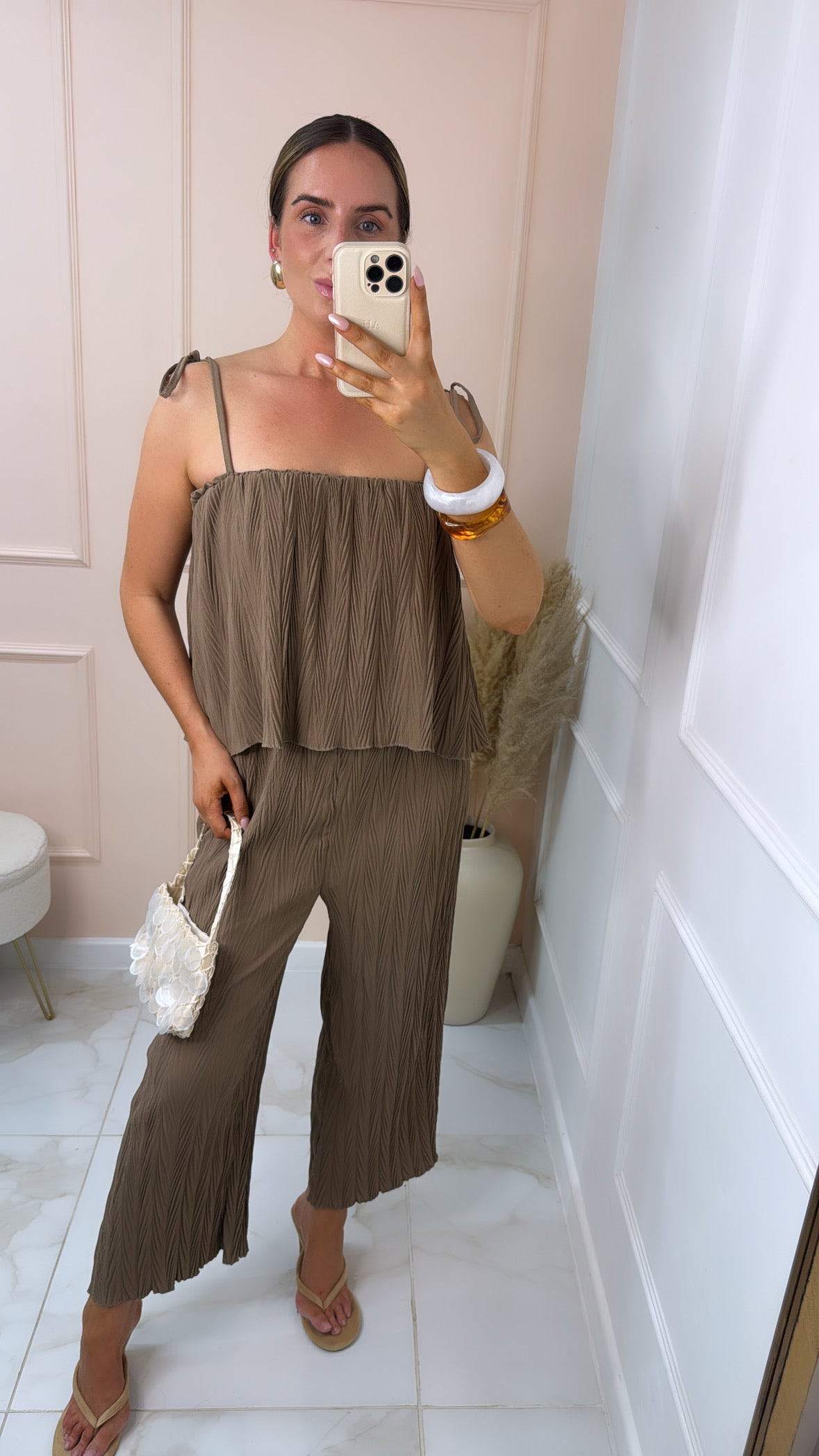 MAURA taupe crinkle tie shoulder jumpsuit