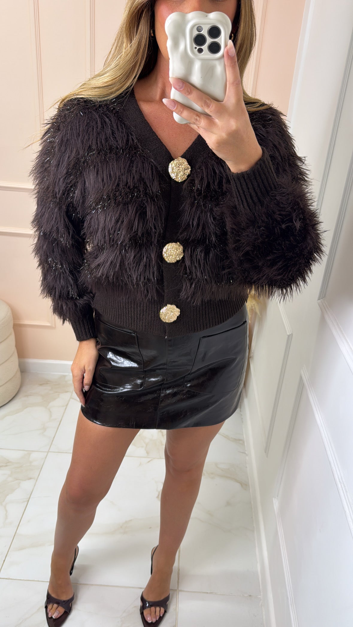 ROBERTA brown faux fur metallc cardigan