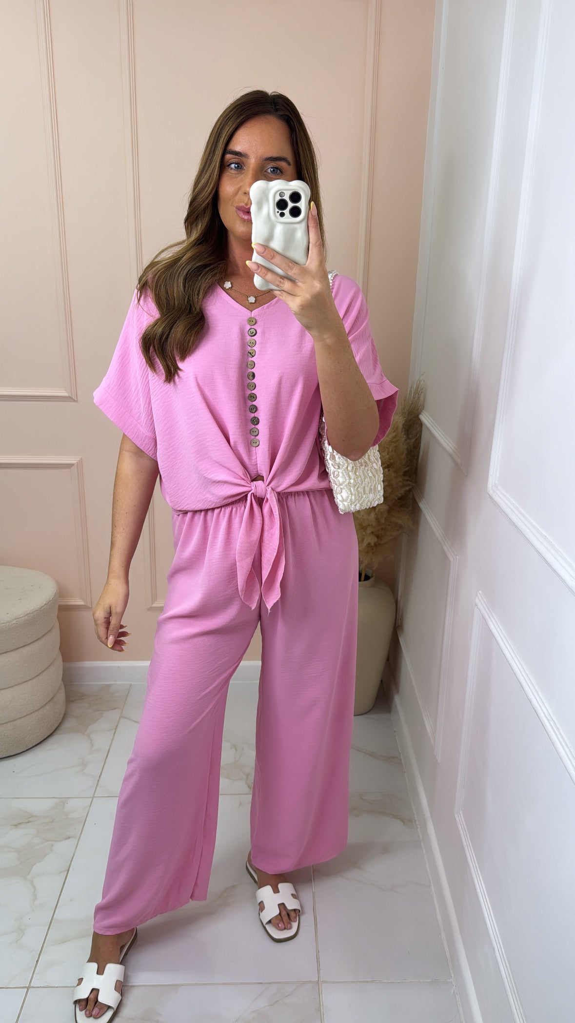 MAE pink button tie front trouser set