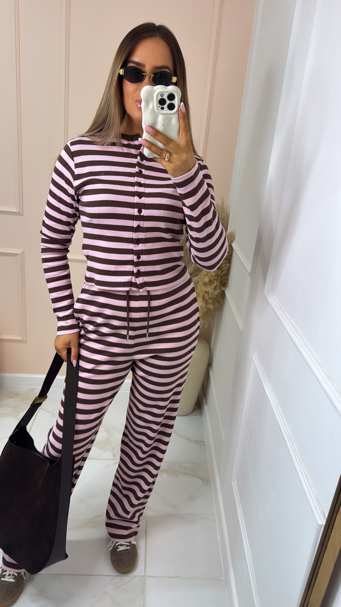 ISLA pink & brown stripe button lounge set