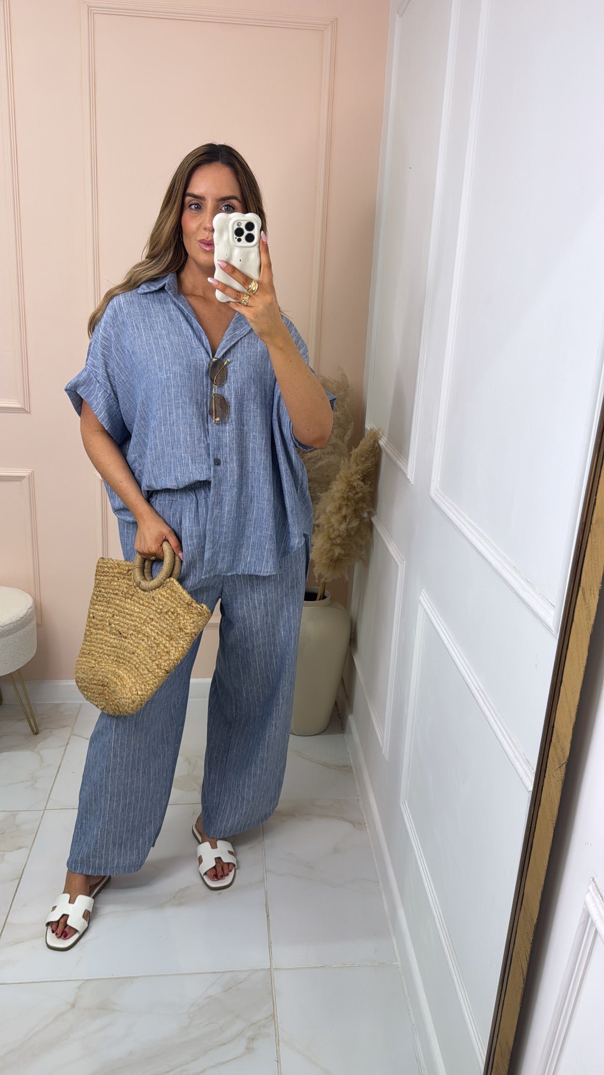 SOFIA blue metallic pinstripe boxy trouser set