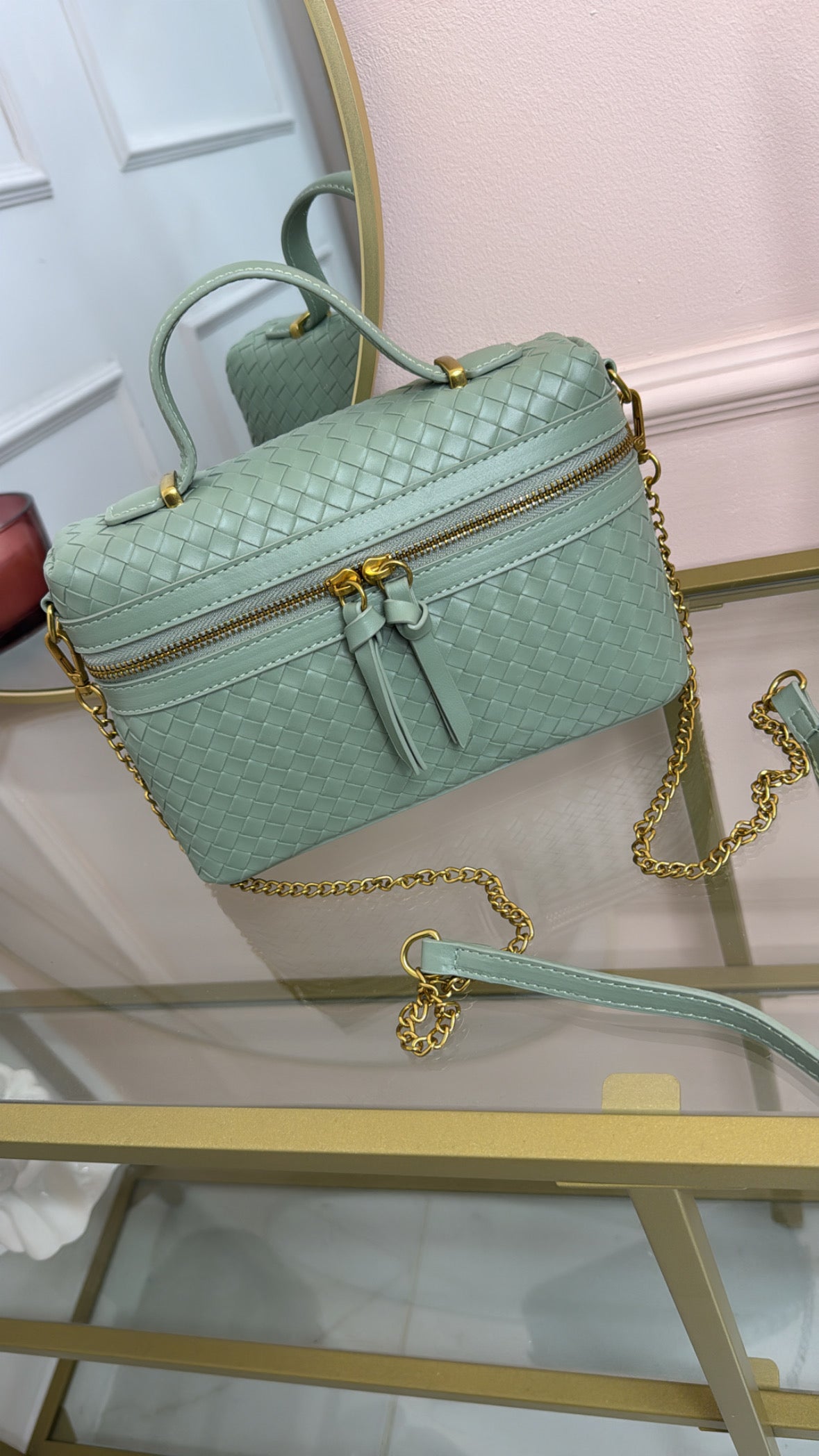 EDIE sage vanity woven crossbody bag