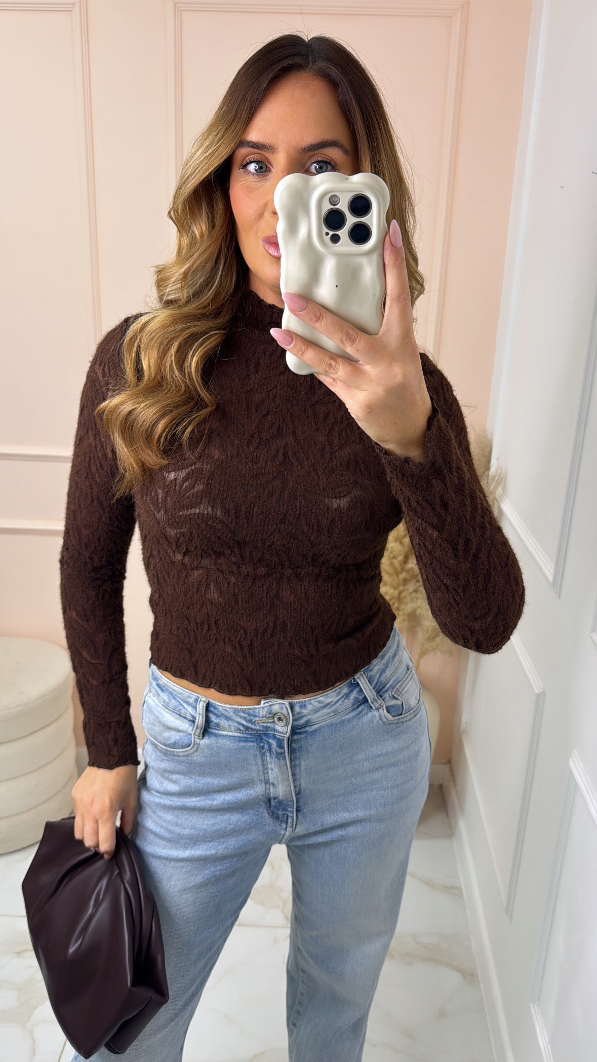 ROSE brown long sleeve lace top