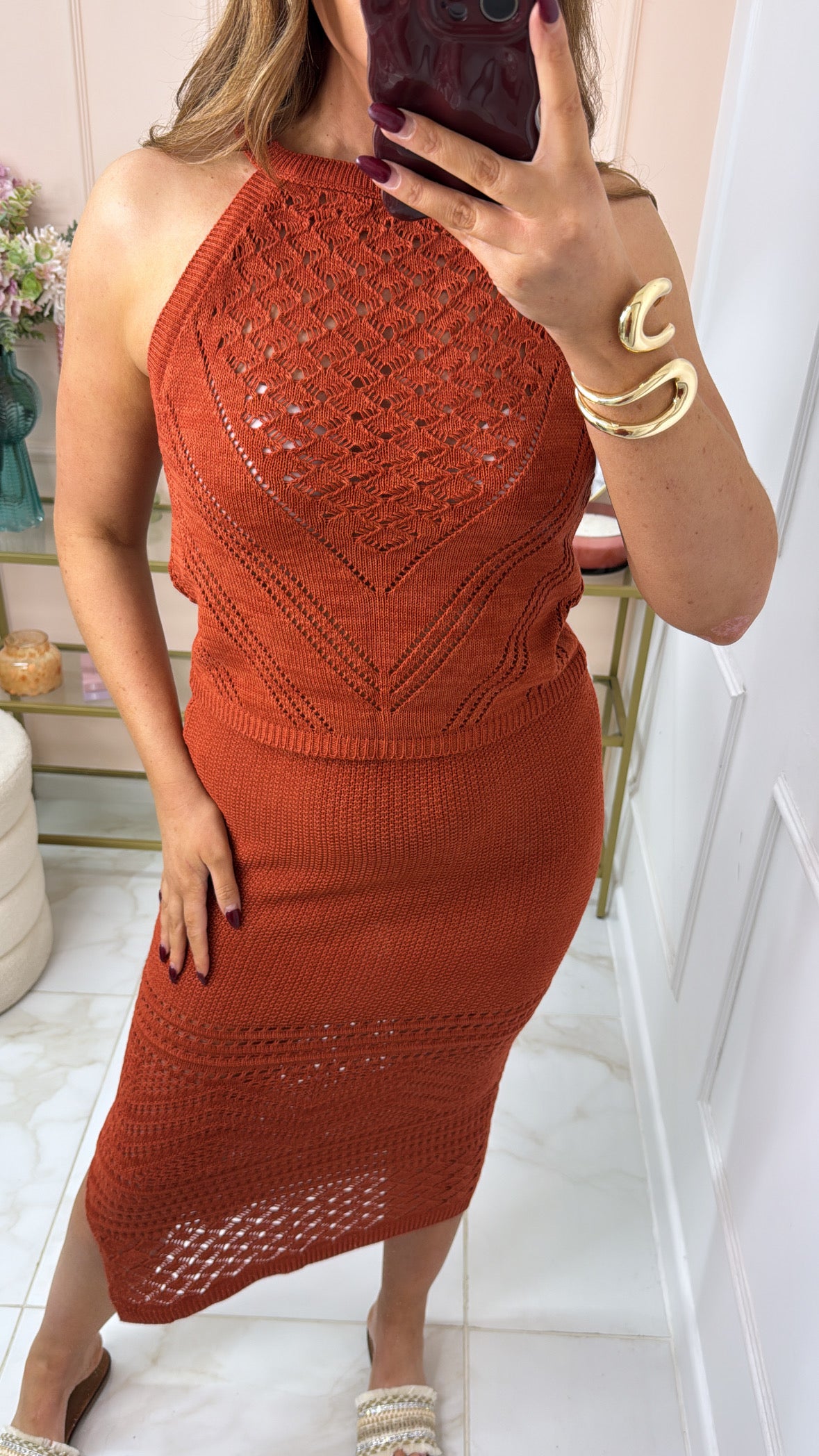 SHAE rust crochet maxi skirt and top co-ord
