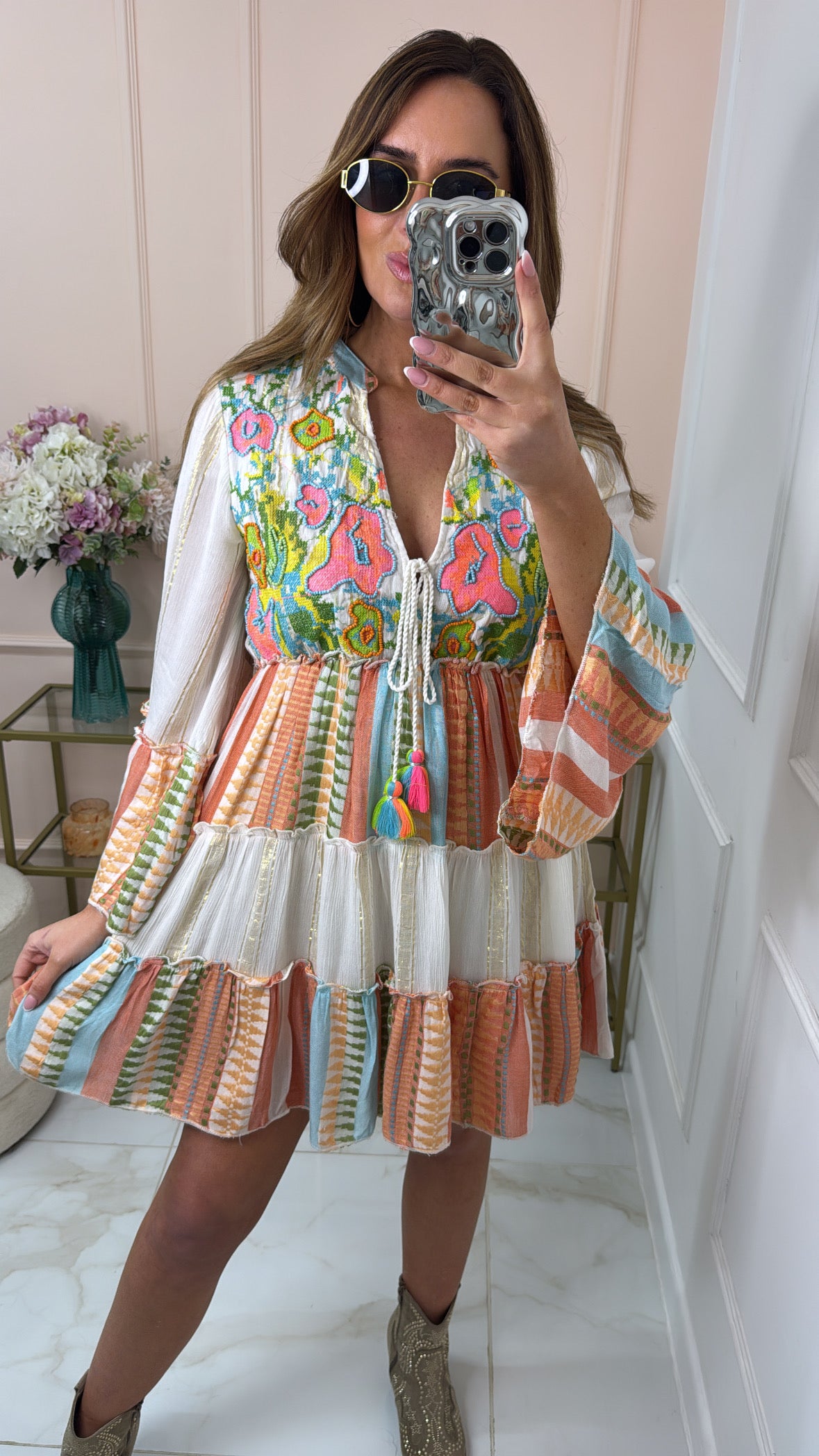 LAYLA multi embroidered tassel boho dress