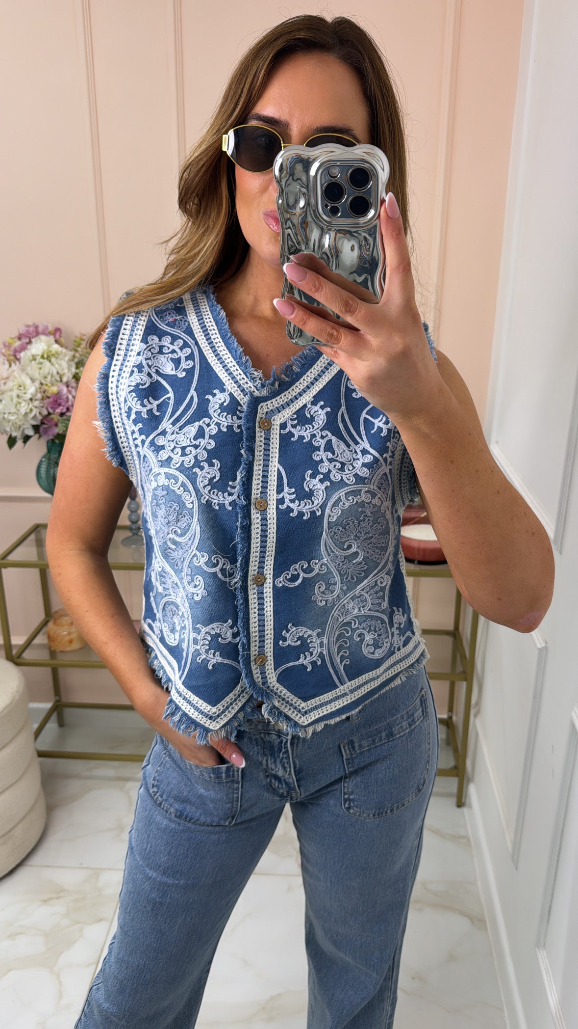 PERLA denim embroidered waistcoat