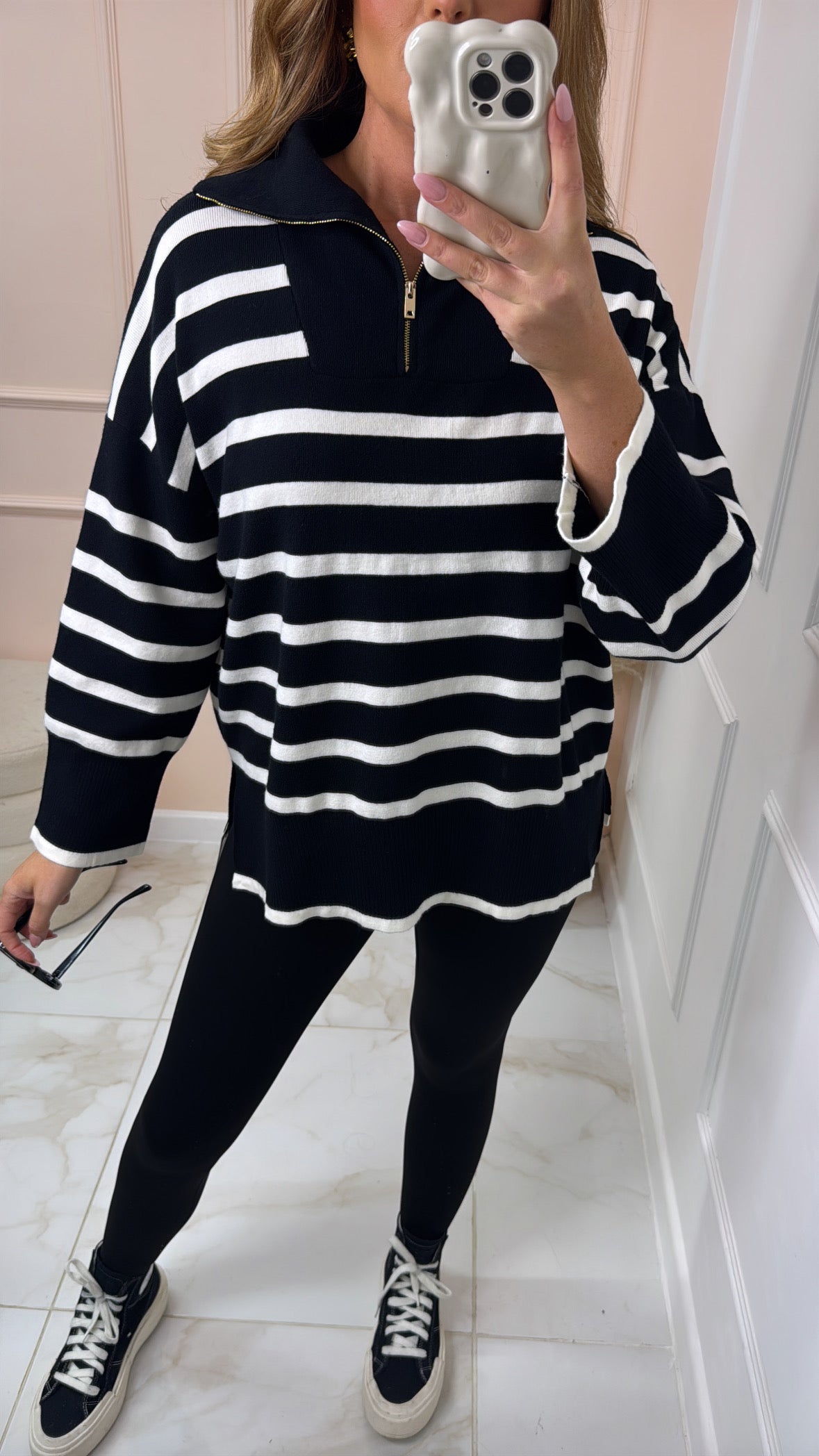 MAEVE black stripe knit half zip sweatshirt