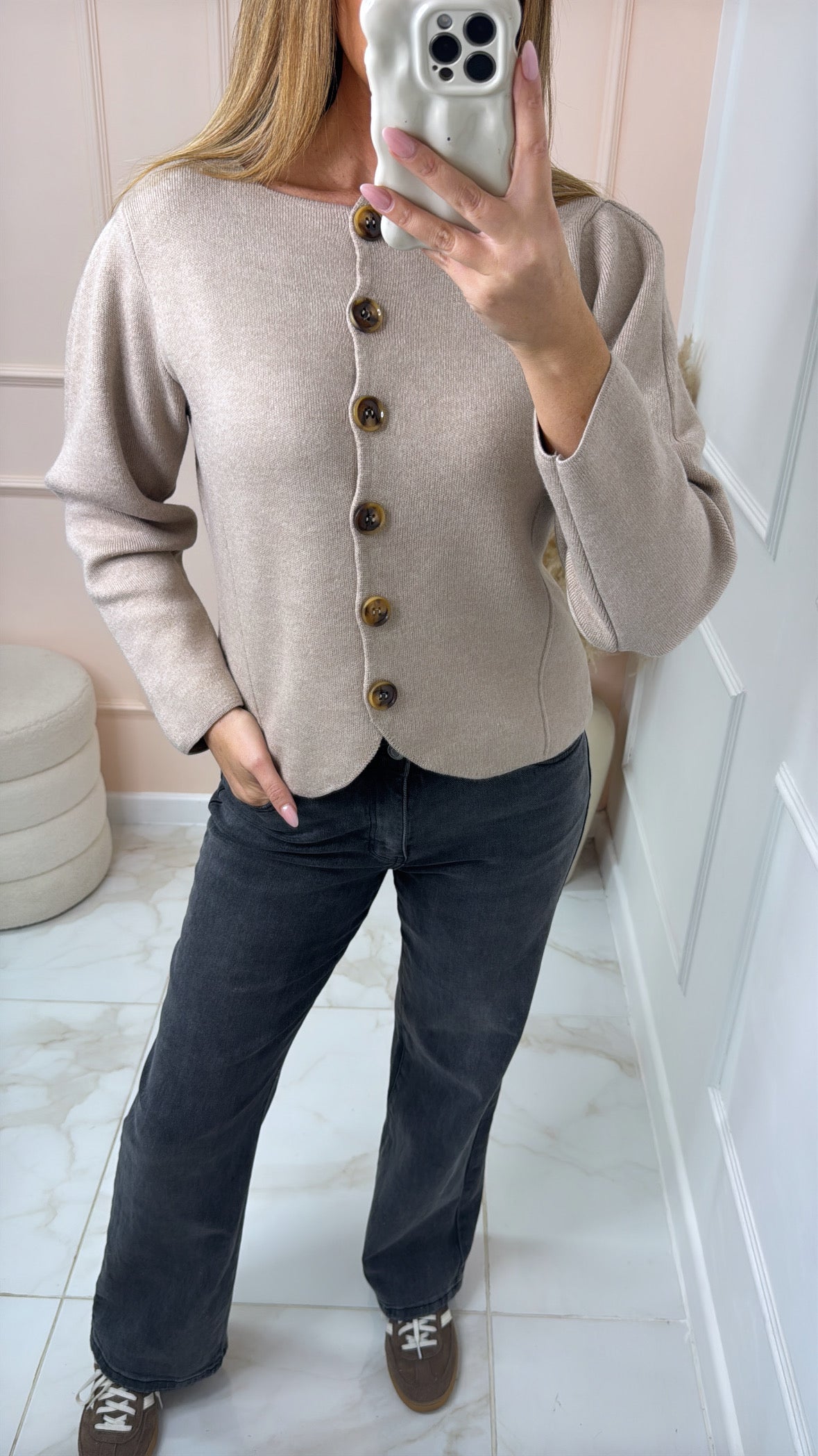 JODIE taupe button fitted cardigan