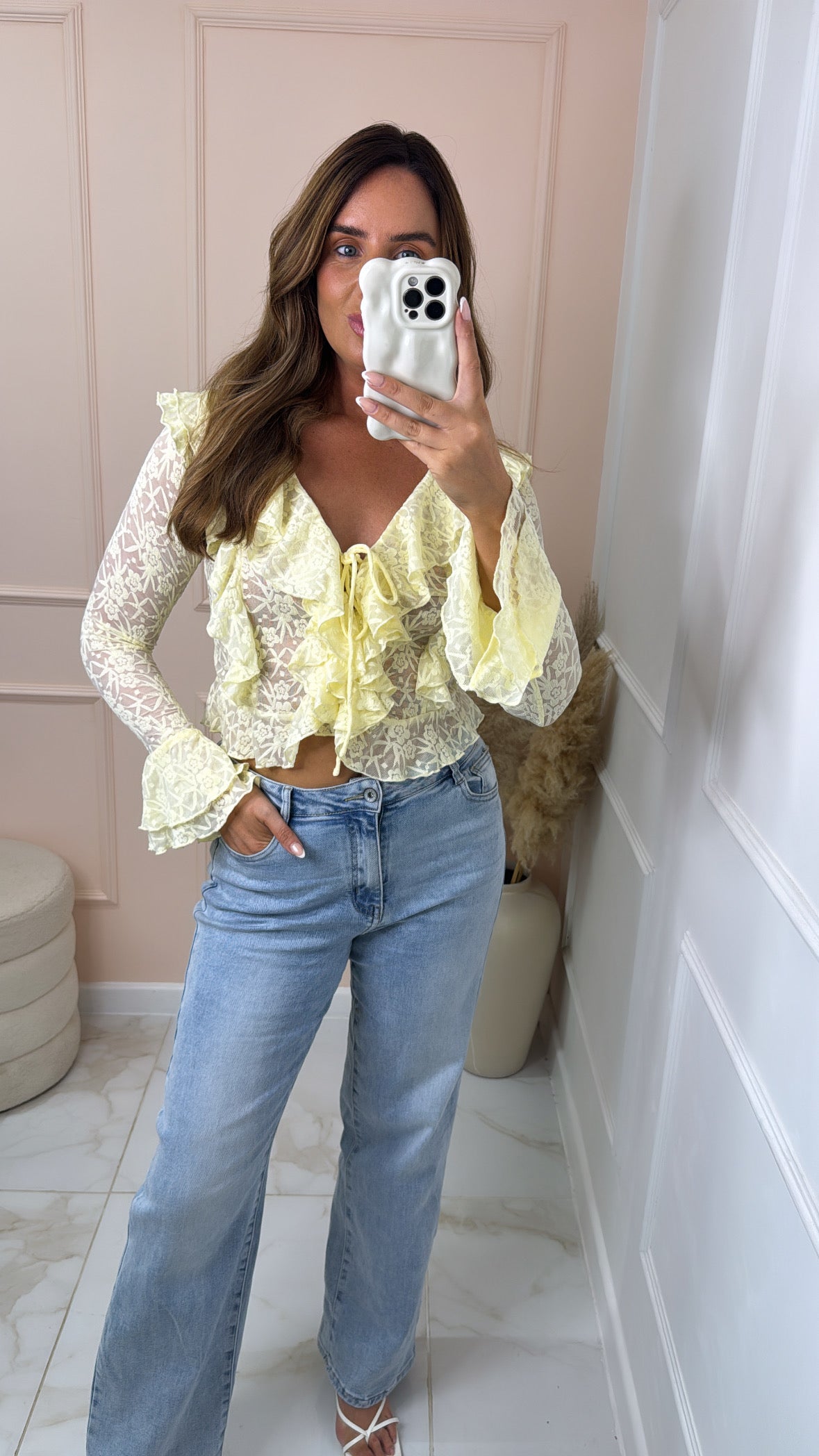 BRIELLE lemon sheer lace tie front blouse