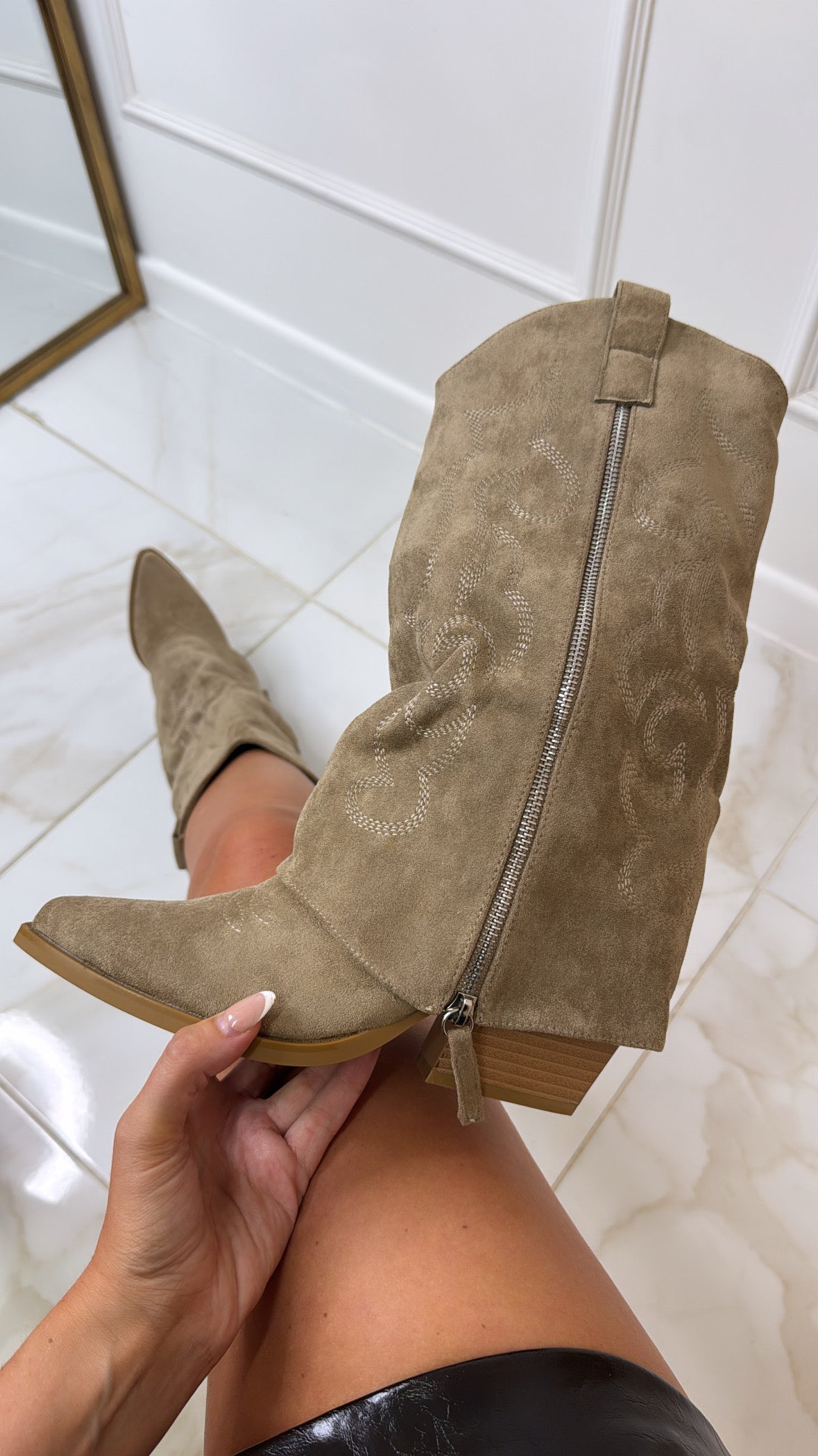 ROCHELLE taupe foldover mid calf cowboy boots