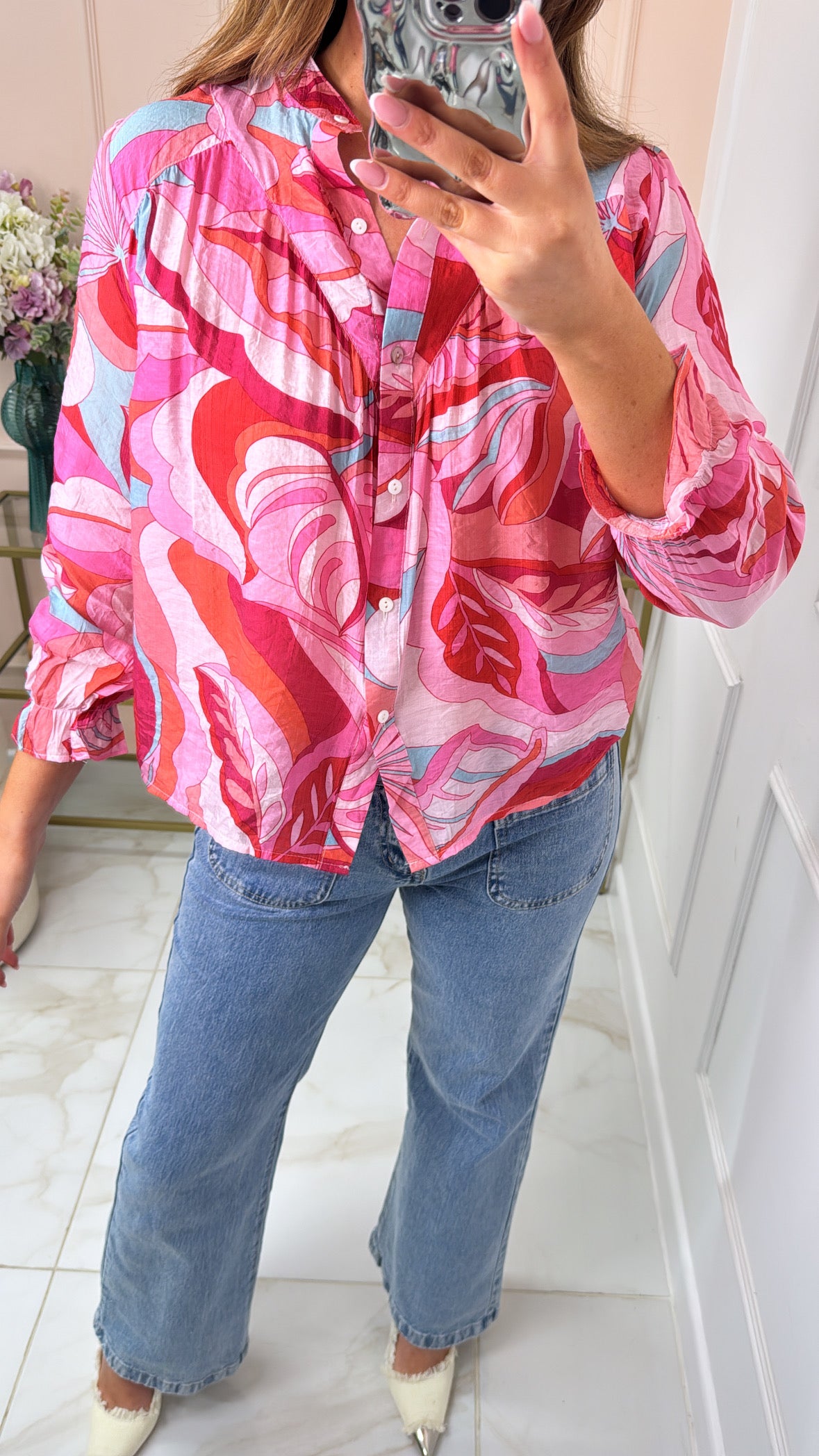 SADIE fuchsia printed puff sleeve blouse