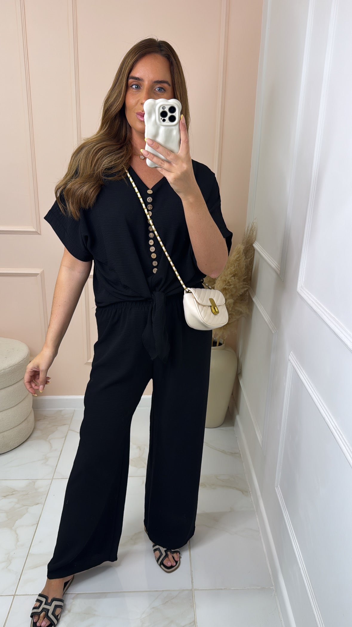 MAE black button tie front trouser set