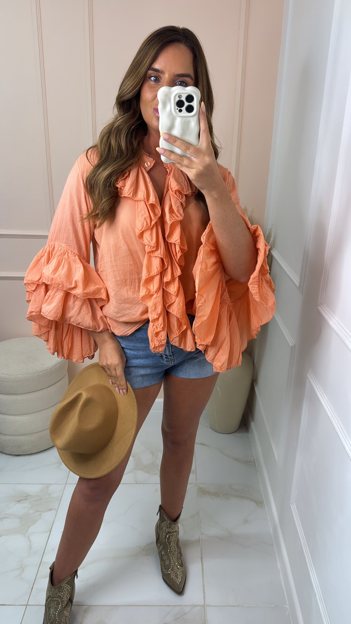 AALIYAH coral ruffle trim button up blouse